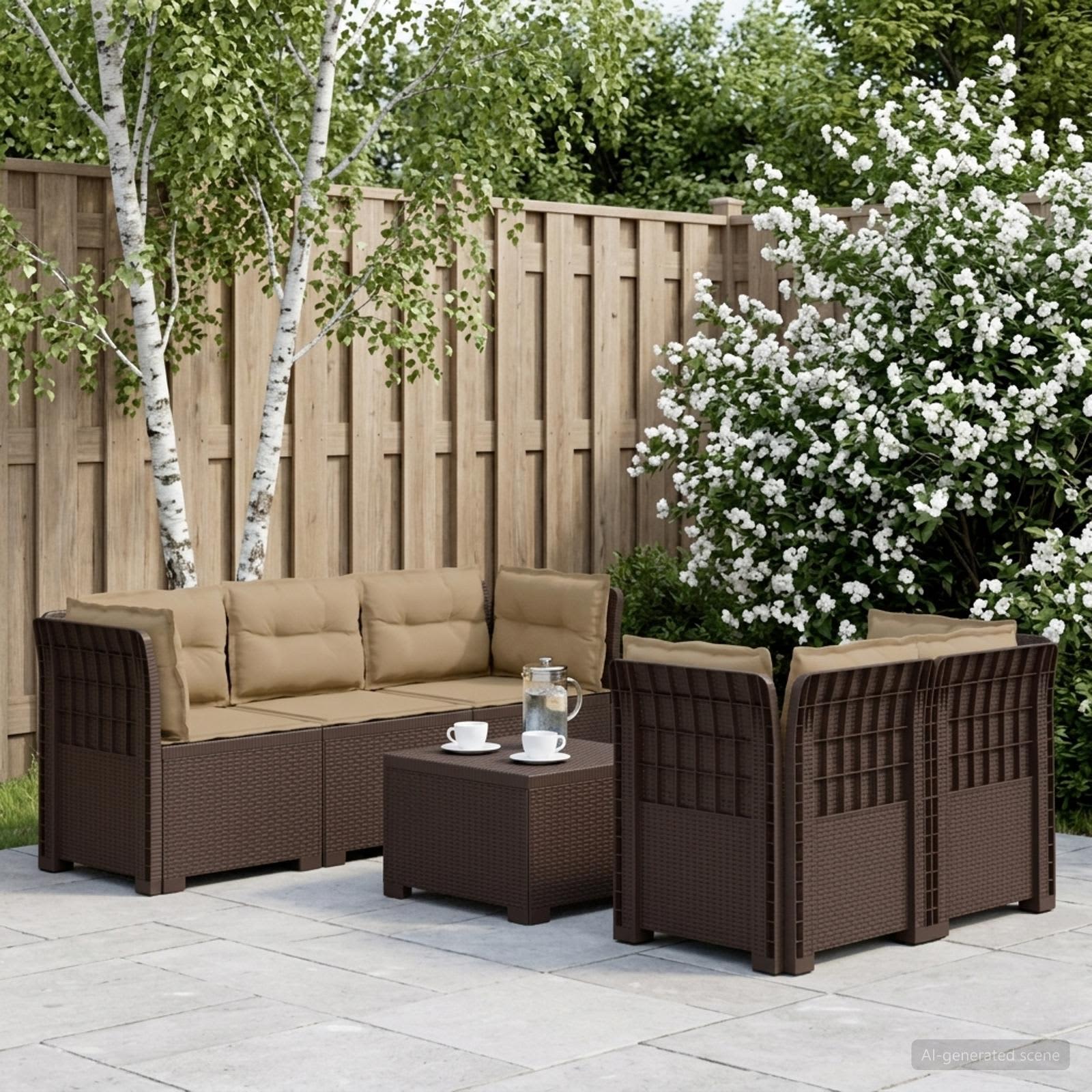 5-Sitzer Gartensofa mit Kissen Rattan-Look PP Braun