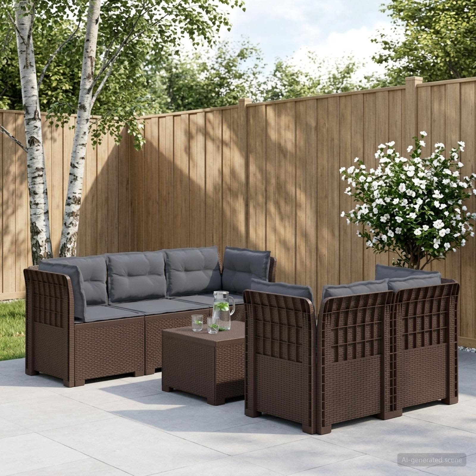 5-Sitzer Gartensofa mit Kissen Rattan-Look PP Braun