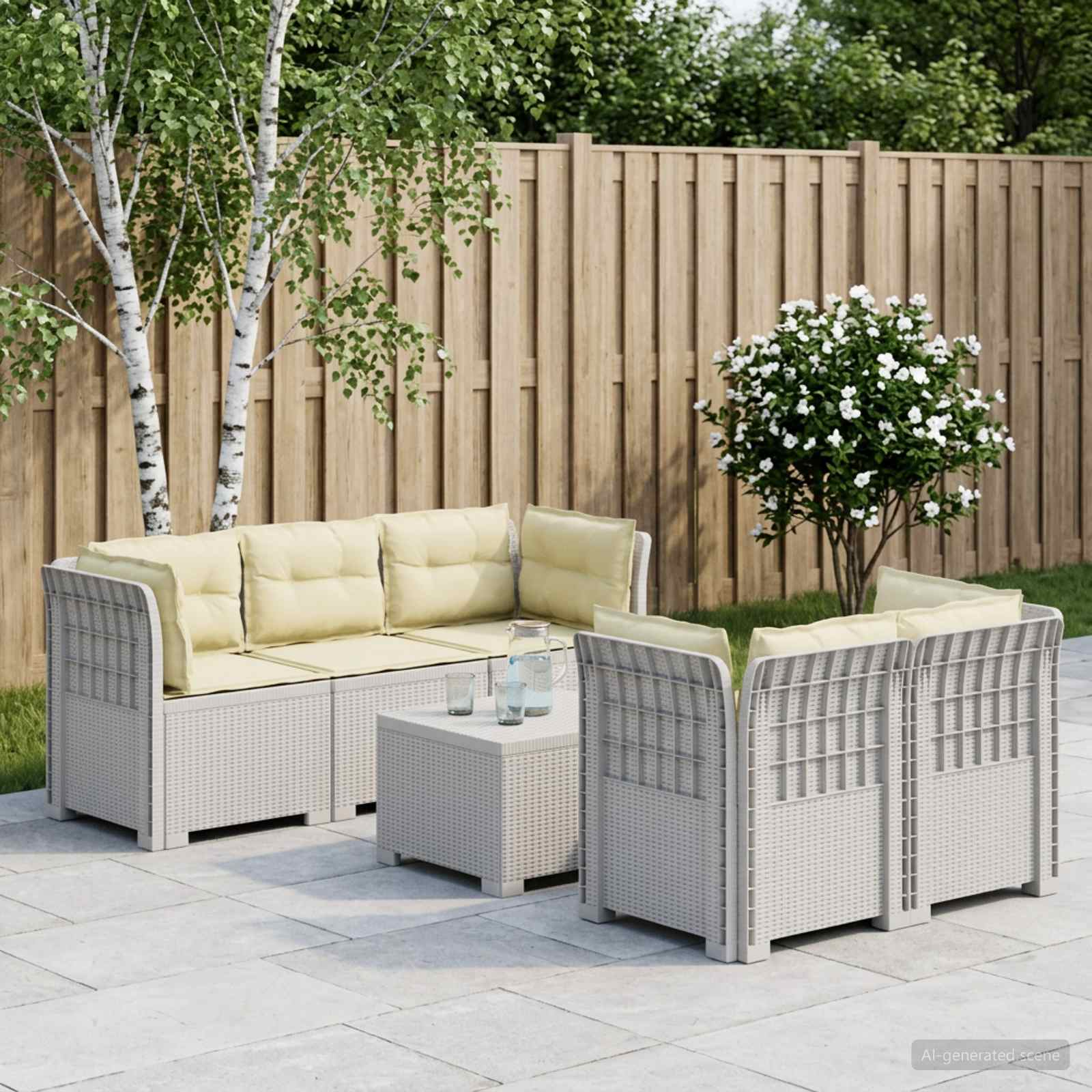 5-Sitzer Gartensofa mit Kissen Rattan-Look PP Weiß