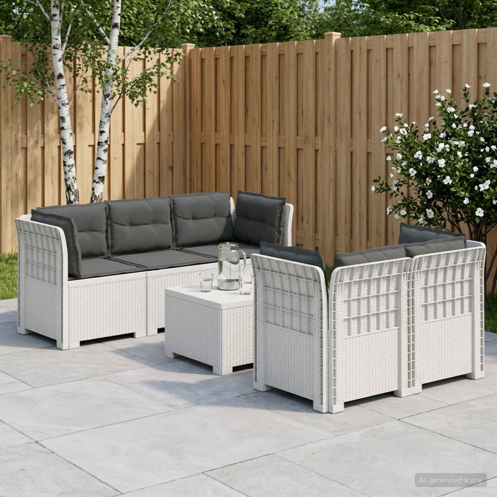 5-Sitzer Gartensofa mit Kissen Rattan-Look PP Weiß