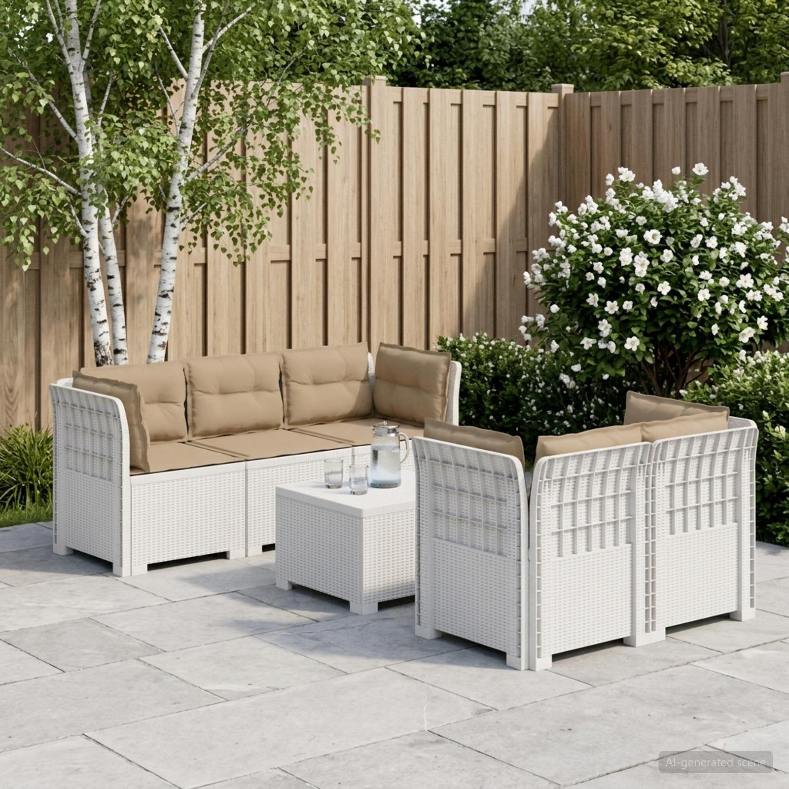 5-Sitzer Gartensofa mit Kissen Rattan-Look PP Weiß