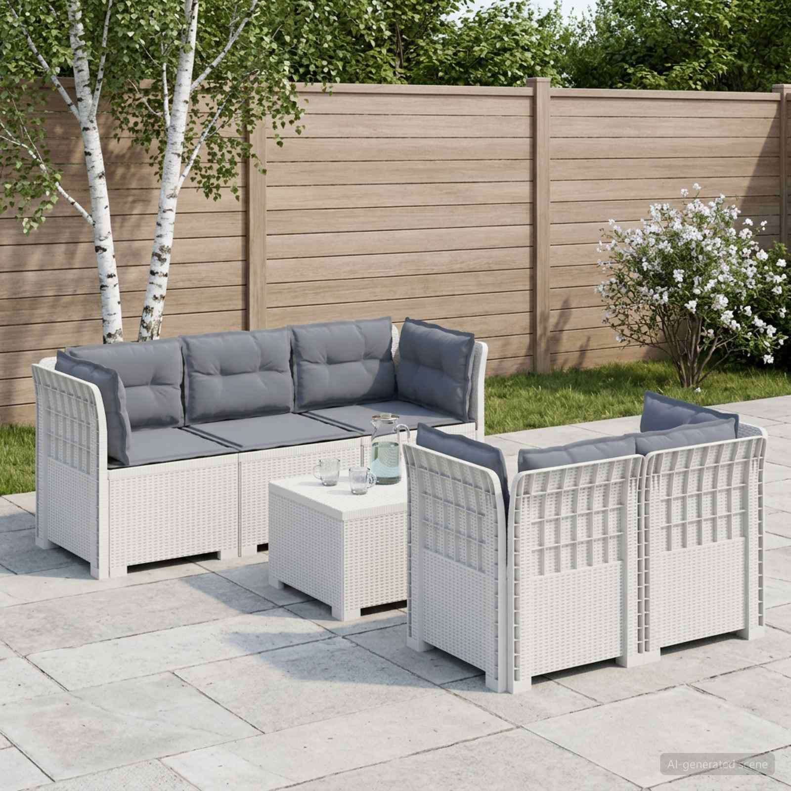 5-Sitzer Gartensofa mit Kissen Rattan-Look PP Weiß