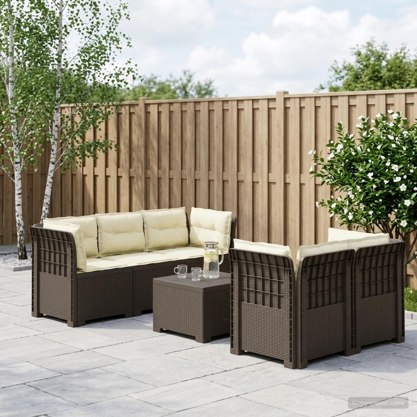 5-Sitzer Gartensofa mit Kissen Rattan-Look PP Hellgrau