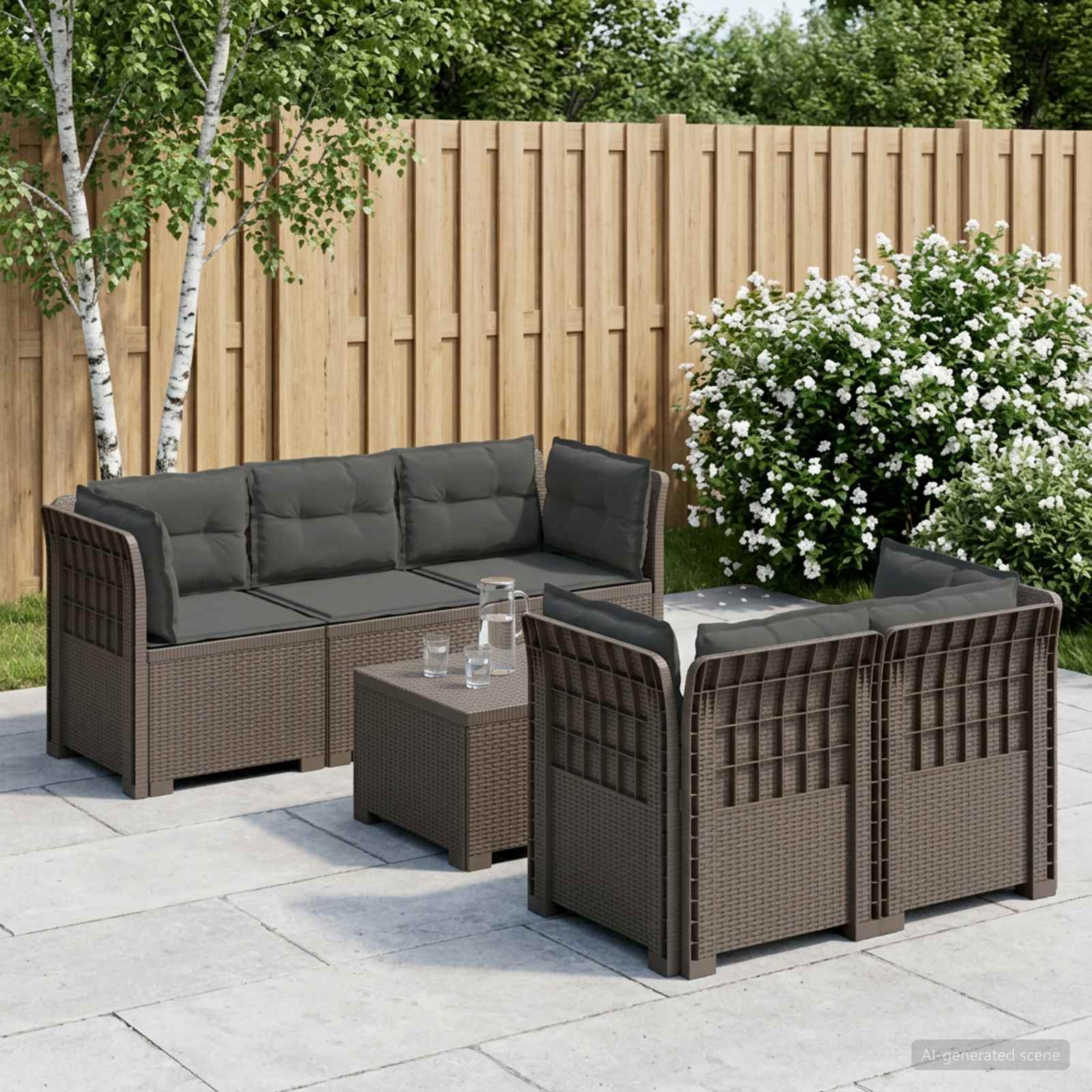 5-Sitzer Gartensofa mit Kissen Rattan-Look PP Hellgrau