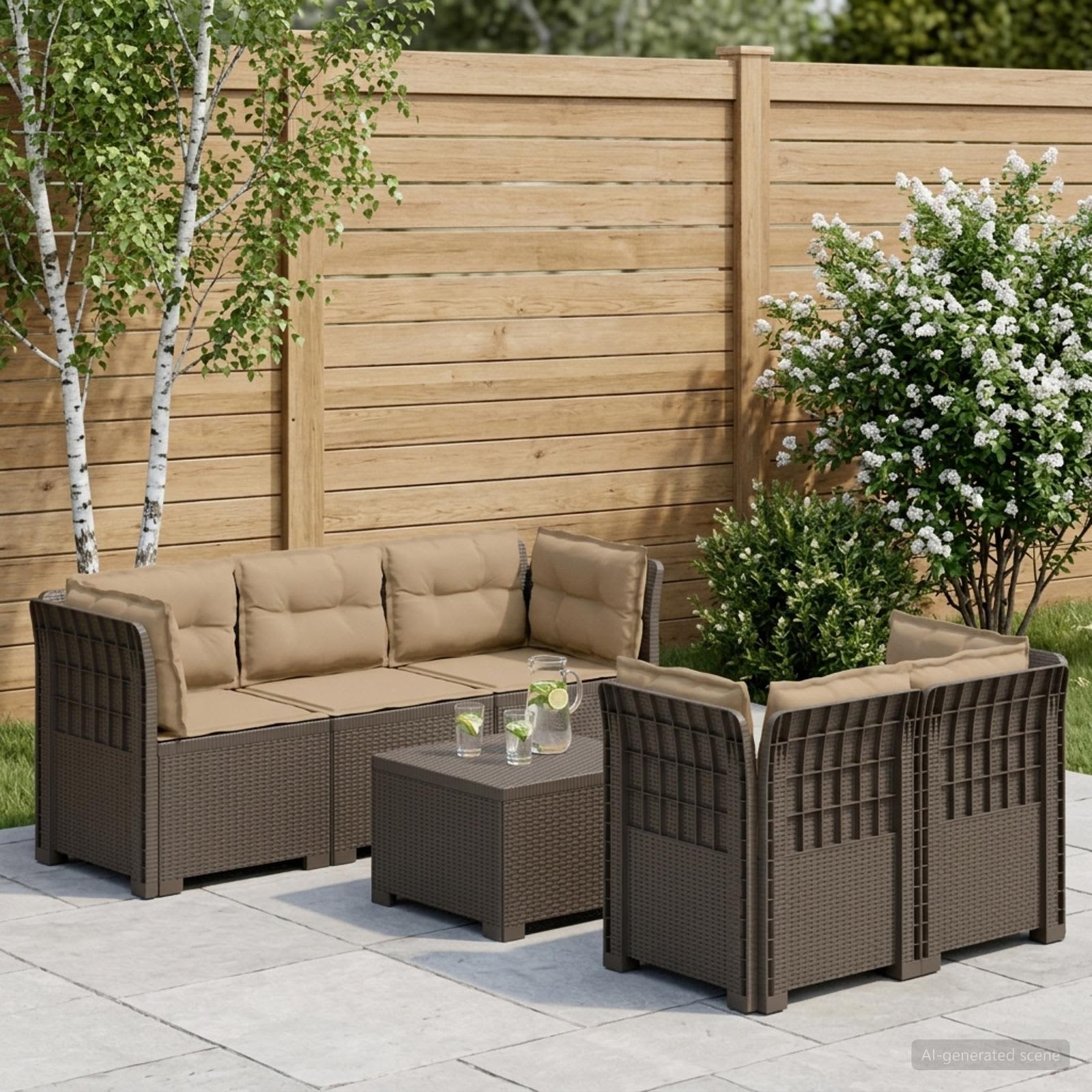 5-Sitzer Gartensofa mit Kissen Rattan-Look PP Hellgrau