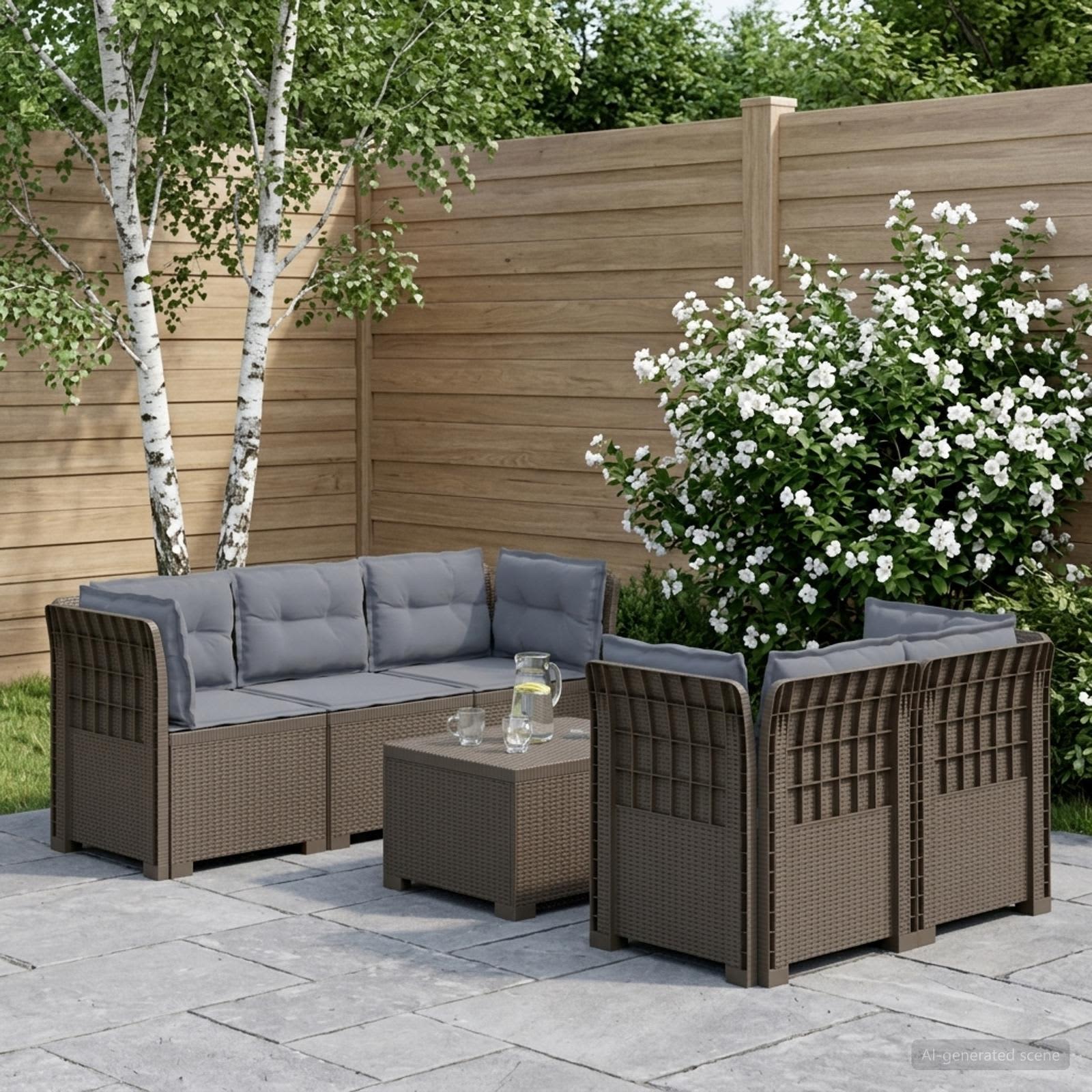 5-Sitzer Gartensofa mit Kissen Rattan-Look PP Hellgrau