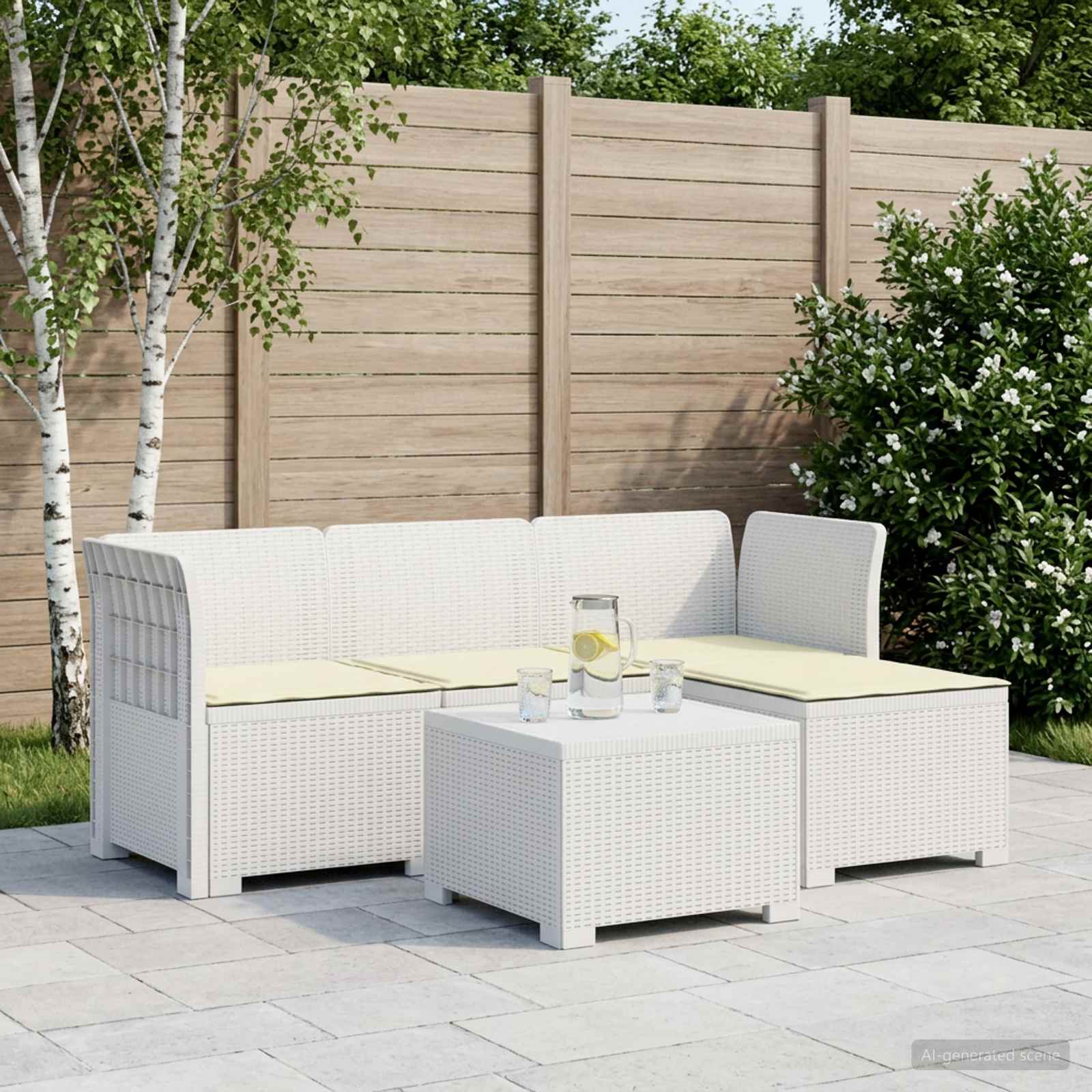 4-Sitzer Garten Sofa mit Kissen Rattan Look PP Weiß