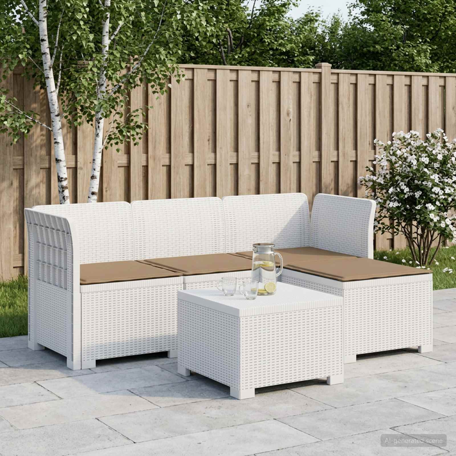 4-Sitzer Garten Sofa mit Kissen Rattan Look PP Weiß