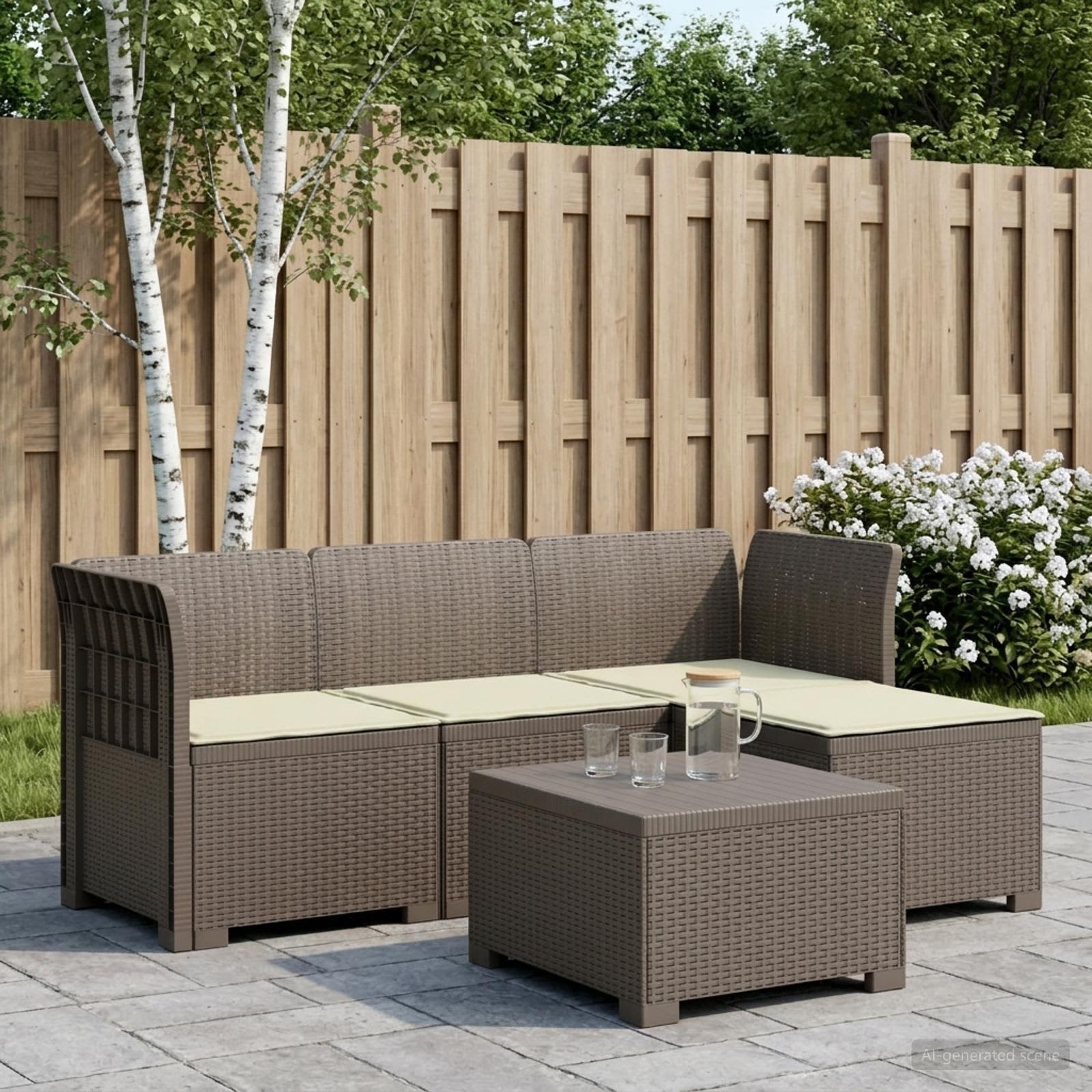 4-Sitzer Garten Sofa mit Kissen Rattan Look PP Hellgrau