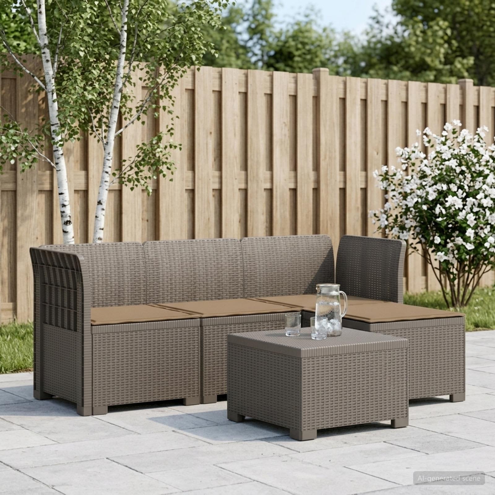 4-Sitzer Garten Sofa mit Kissen Rattan Look PP Hellgrau