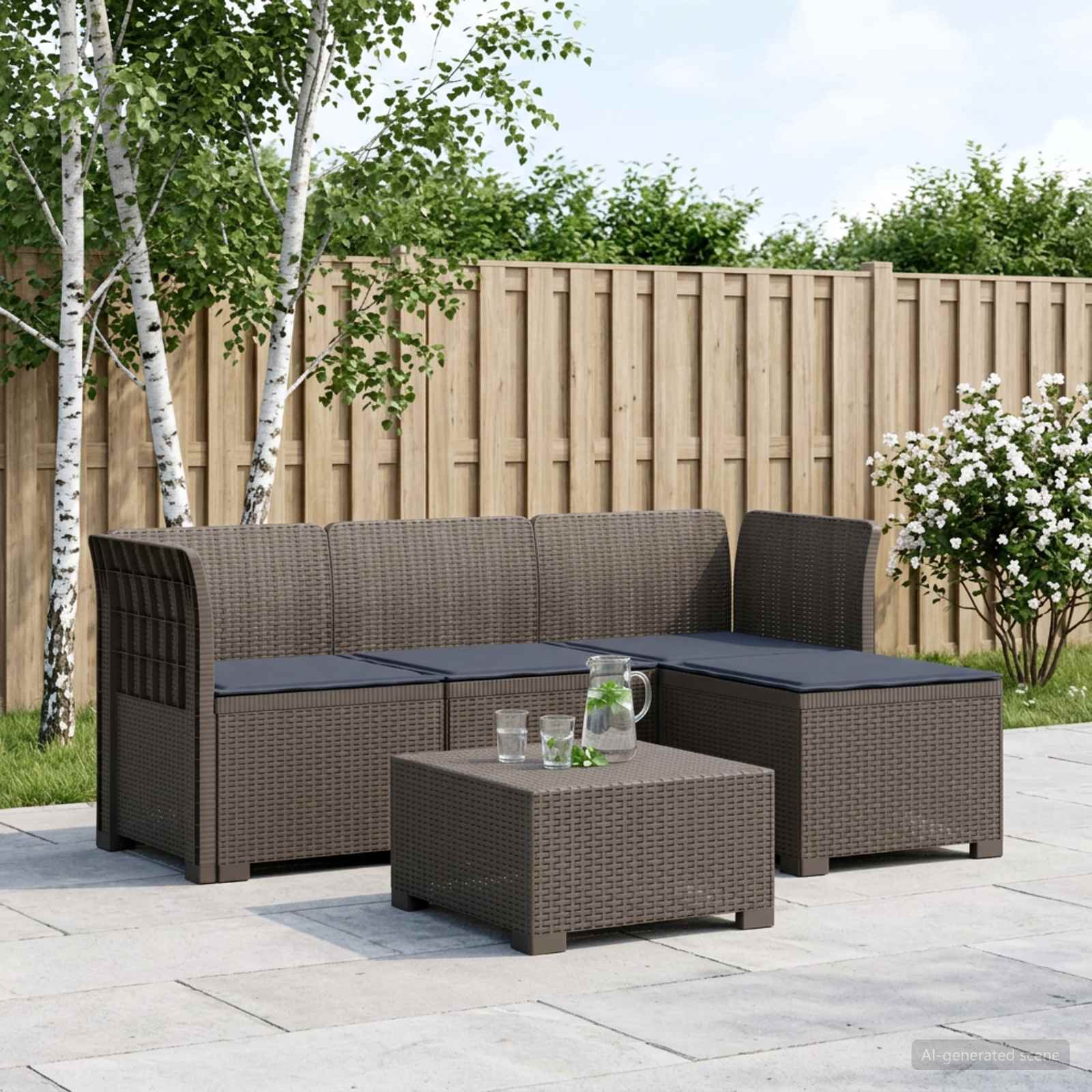 4-Sitzer Garten Sofa mit Kissen Rattan Look PP Hellgrau
