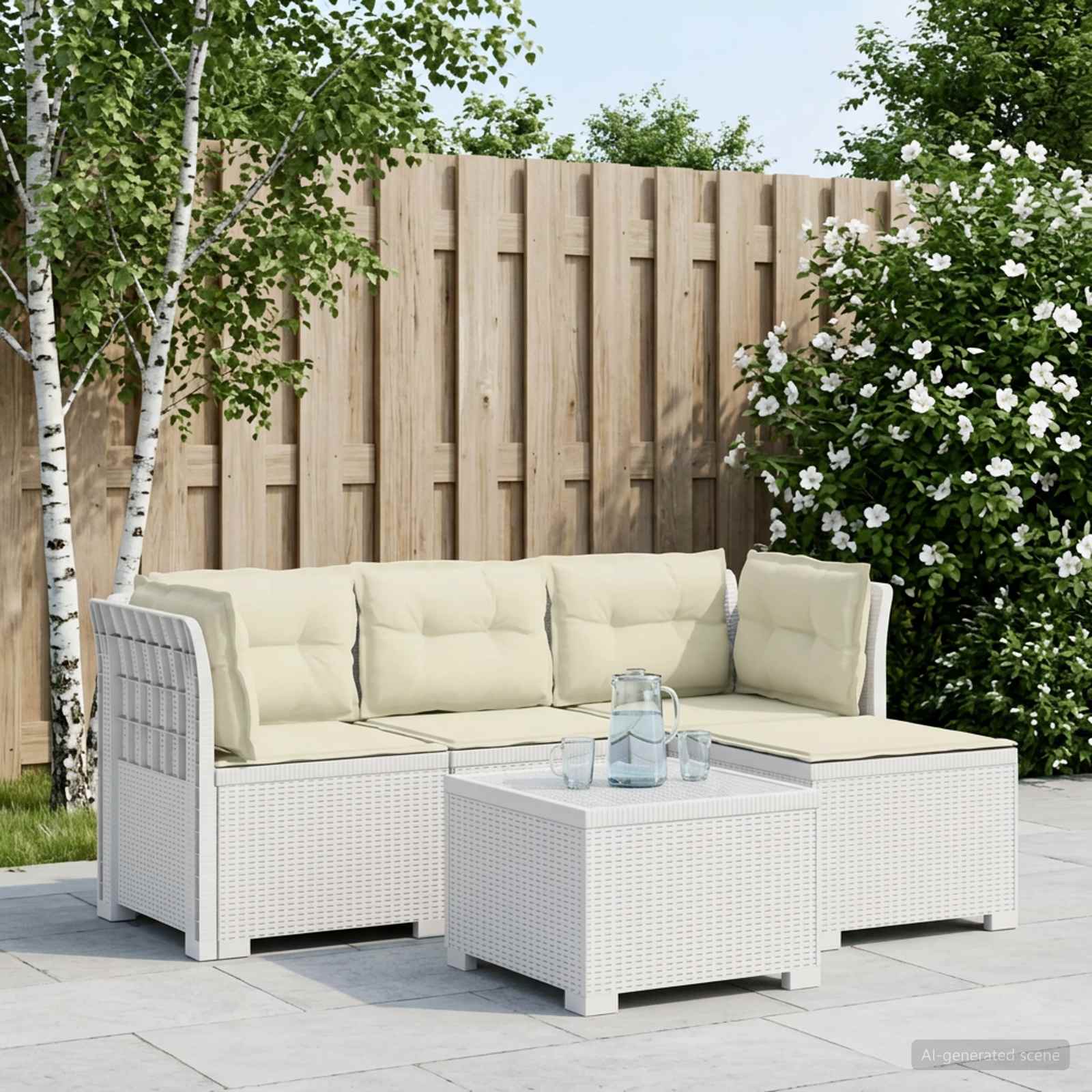 4-Sitzer Garten Sofa mit Kissen Rattan Look PP Weiß