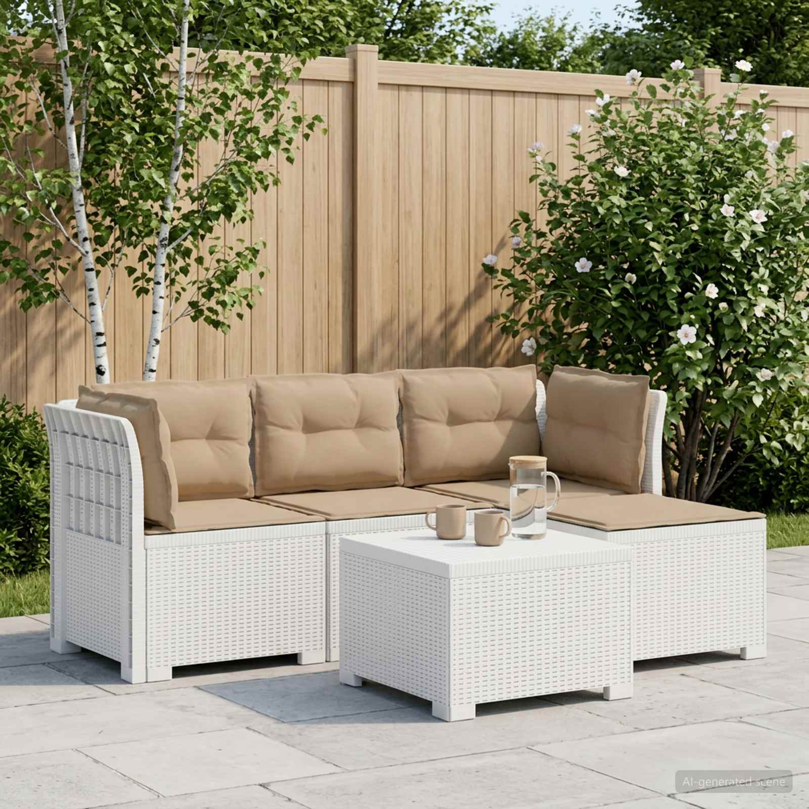 4-Sitzer Garten Sofa mit Kissen Rattan Look PP Weiß