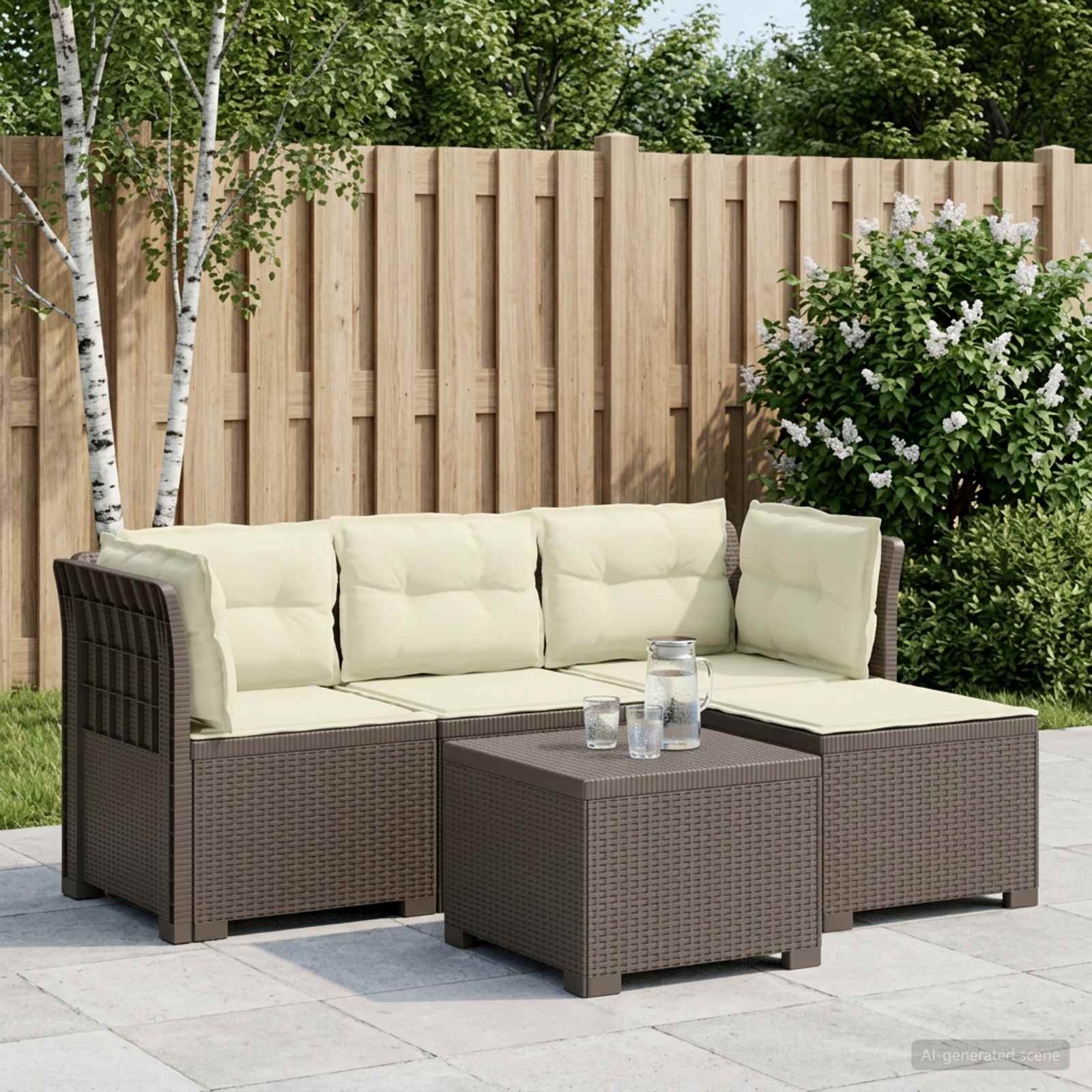 4-Sitzer Garten Sofa mit Kissen Rattan Look PP Hellgrau