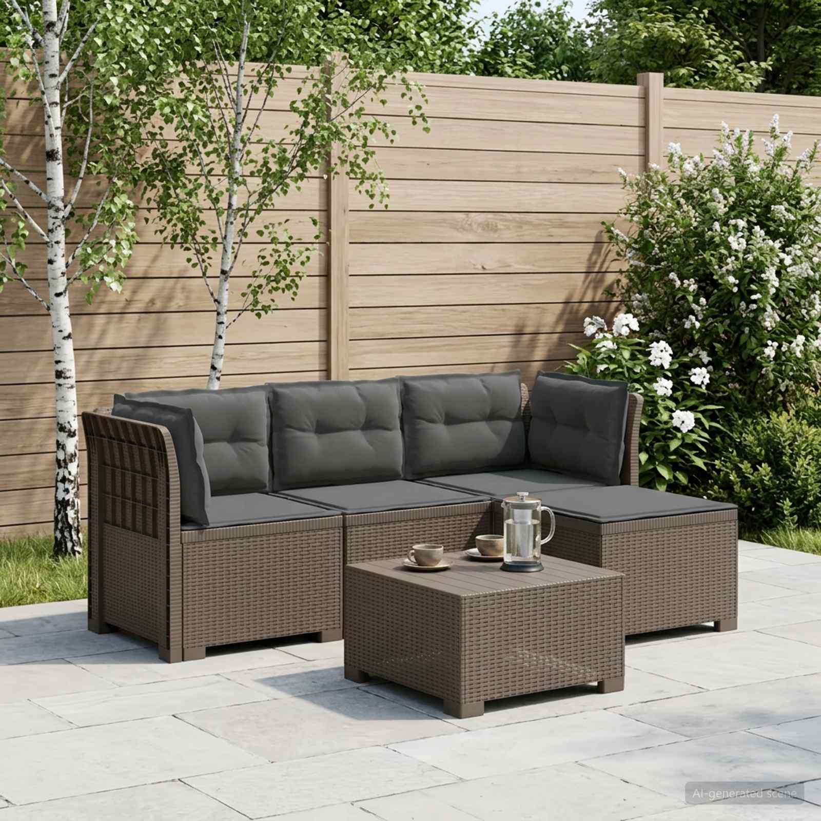 4-Sitzer Garten Sofa mit Kissen Rattan Look PP Hellgrau