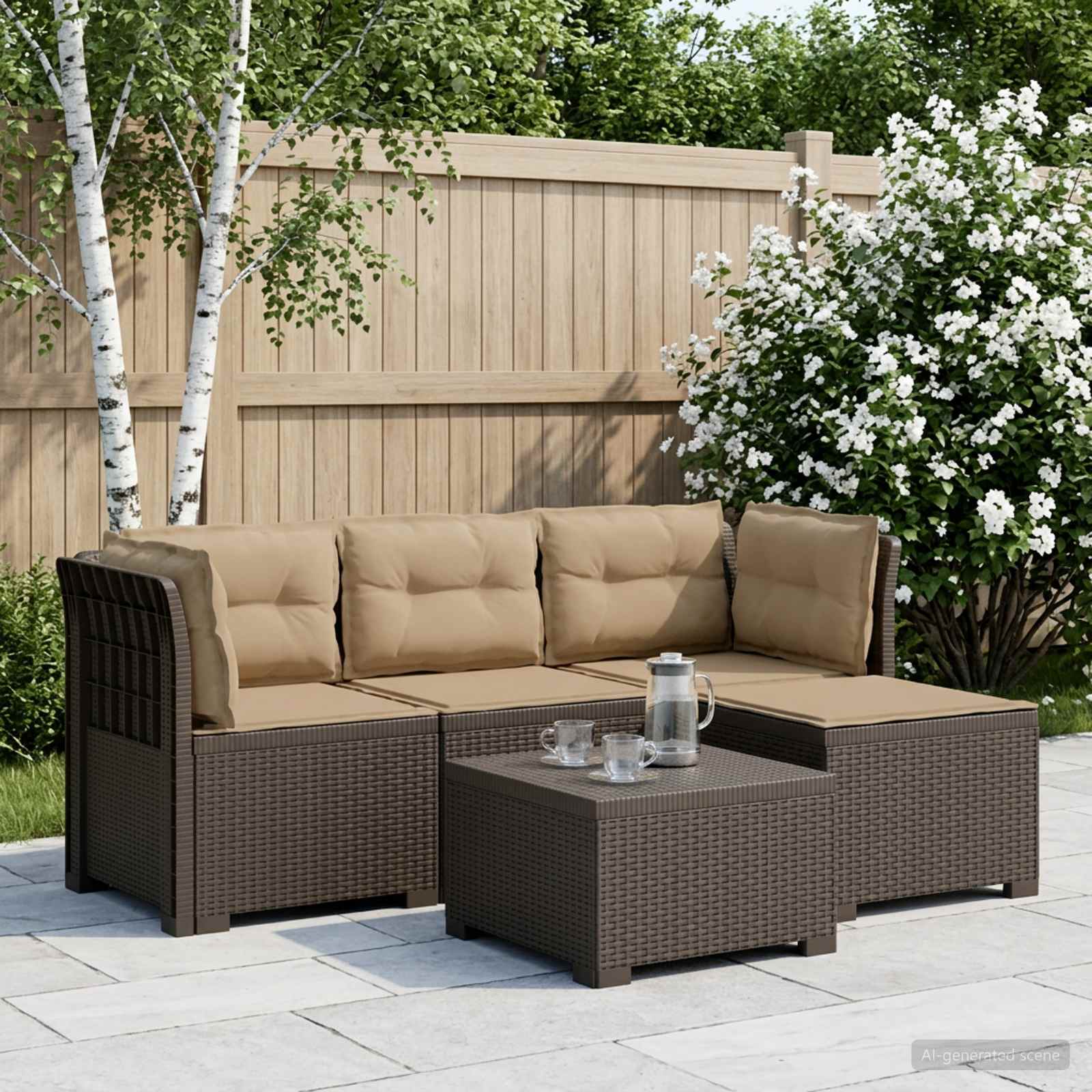 4-Sitzer Garten Sofa mit Kissen Rattan Look PP Hellgrau