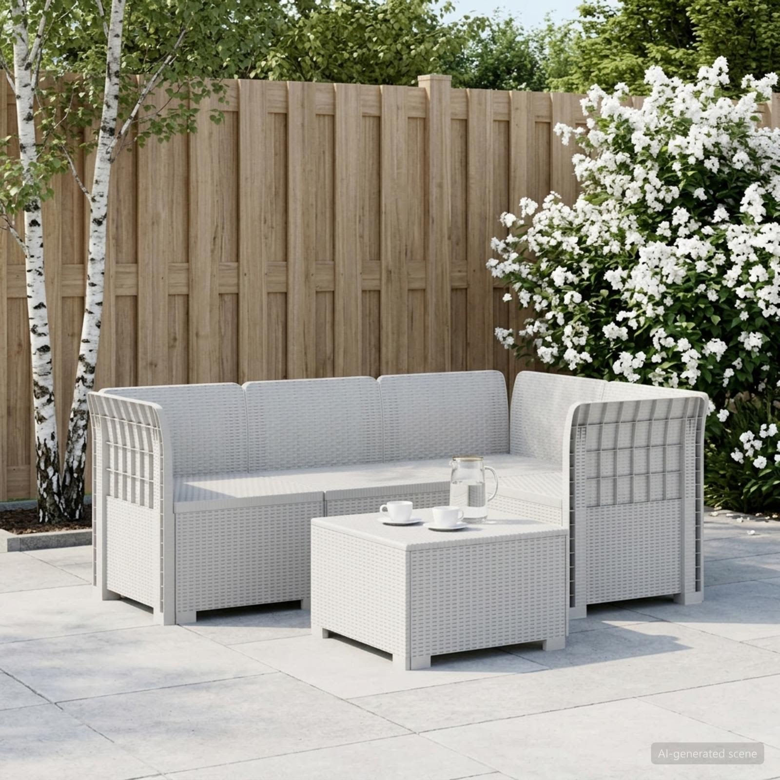 4-Sitzer Gartensofa Rattan-Look PP Weiß
