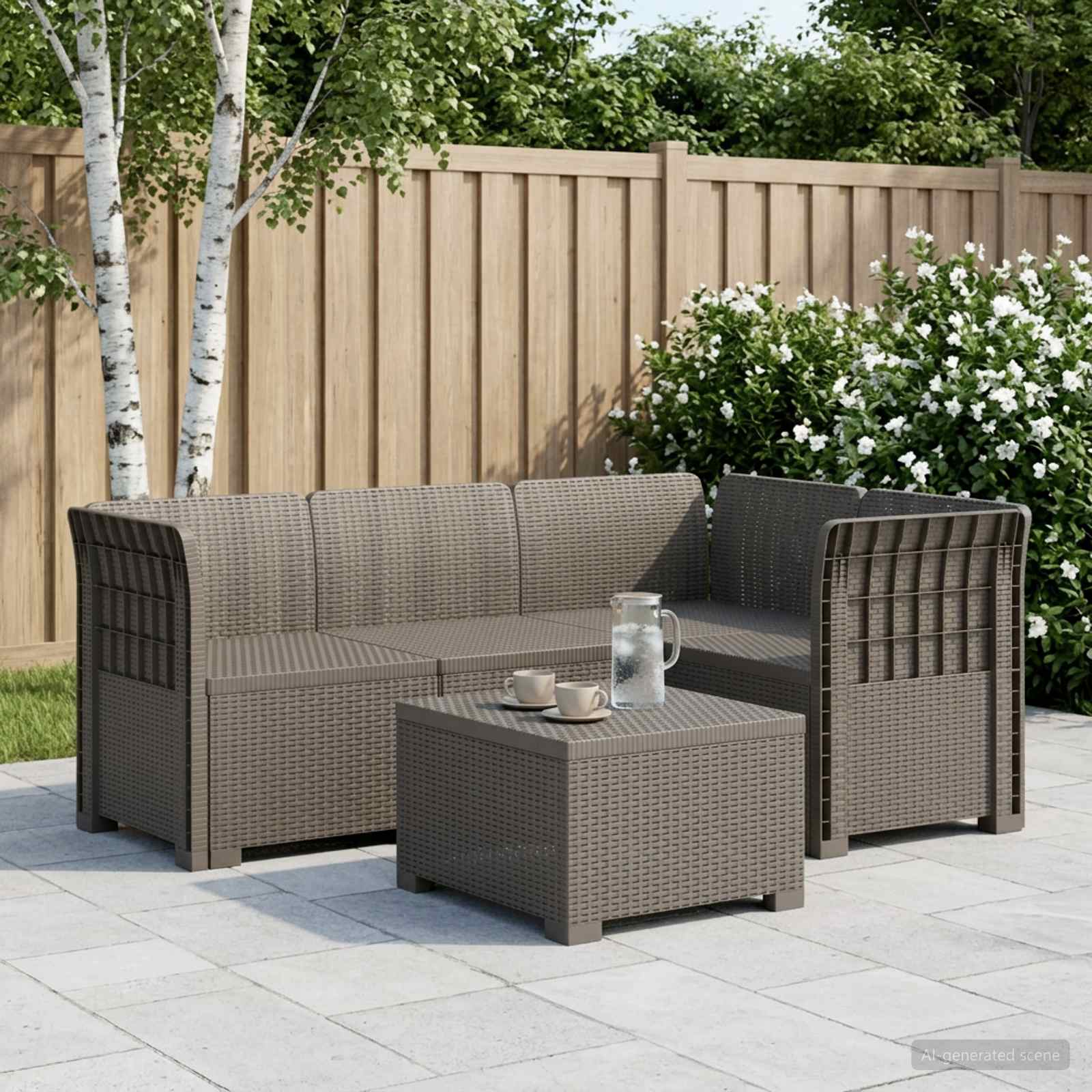 4-Sitzer Gartensofa Rattan-Look PP Hellgrau