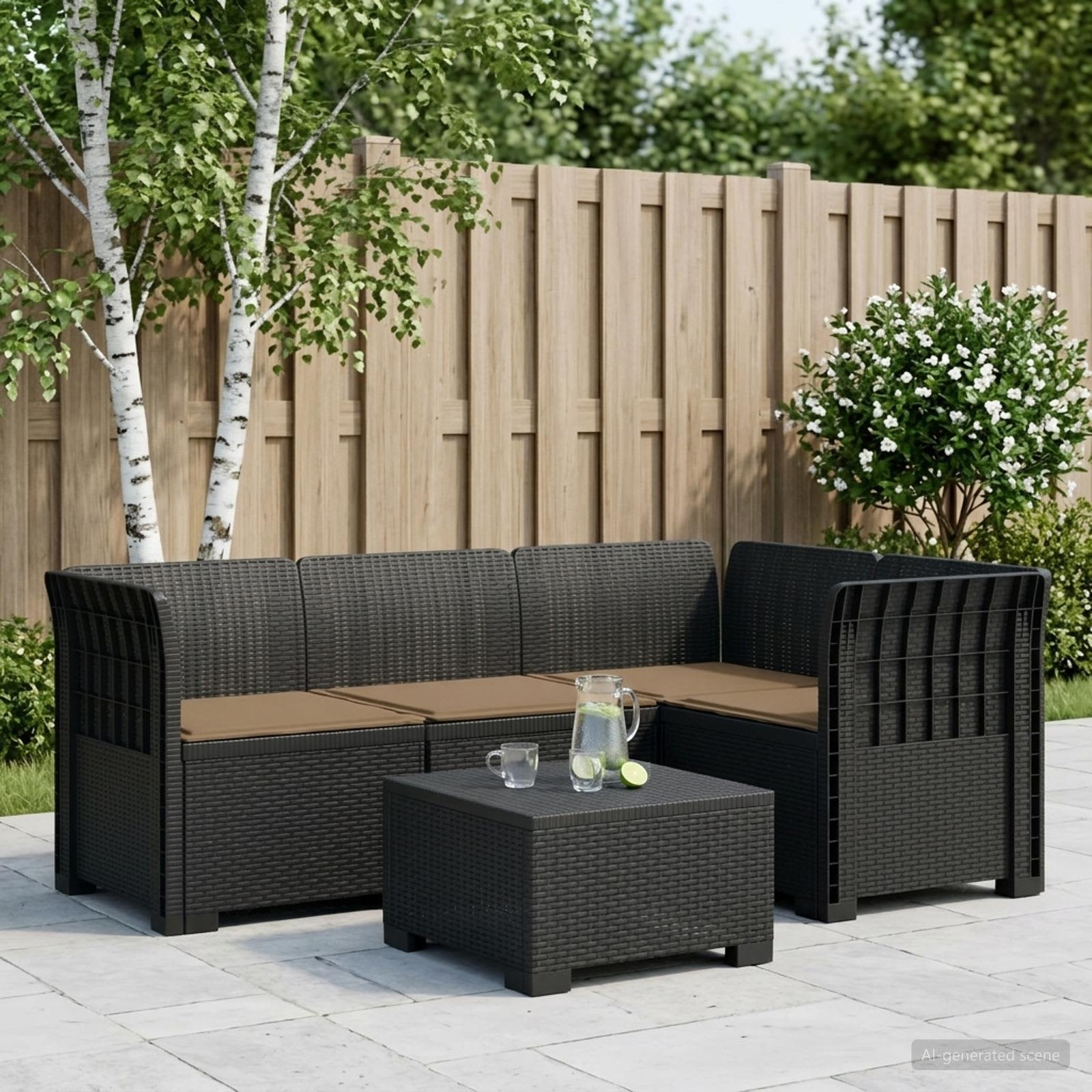 4-Sitzer Gartensofa mit Kissen Rattan-Look PP Anthrazit