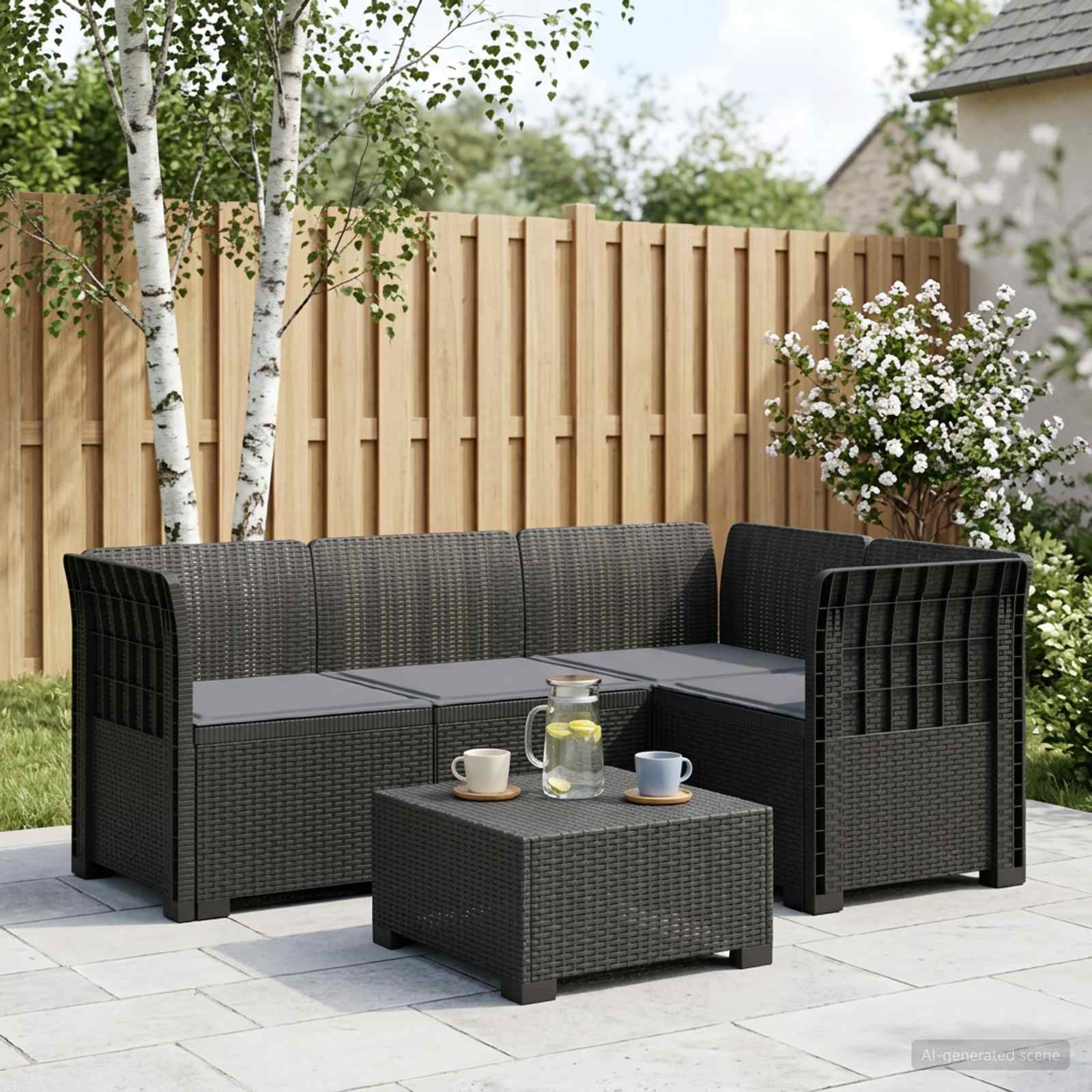 4-Sitzer Gartensofa mit Kissen Rattan-Look PP Anthrazit