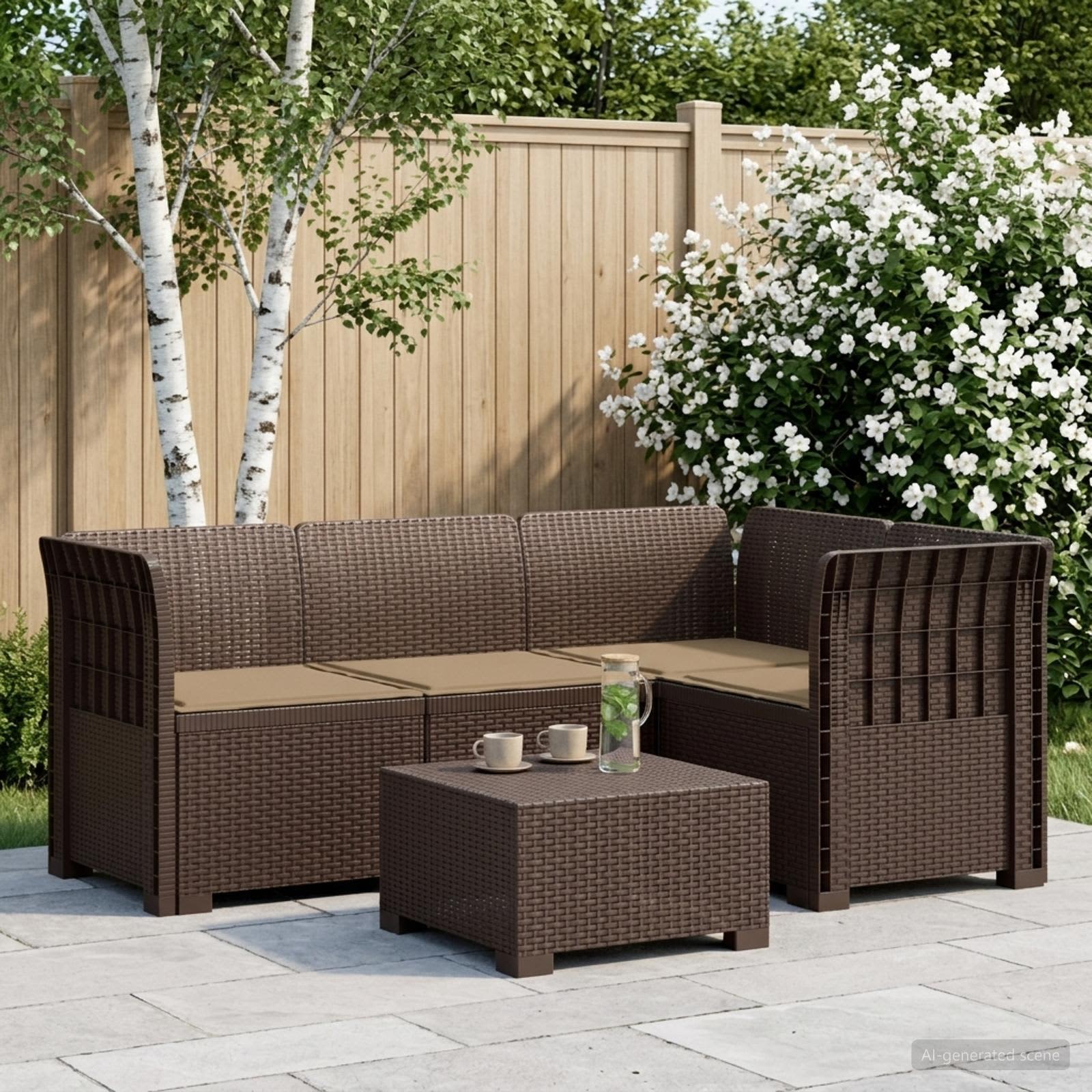 4-Sitzer Gartensofa mit Kissen Rattan-Look PP Braun