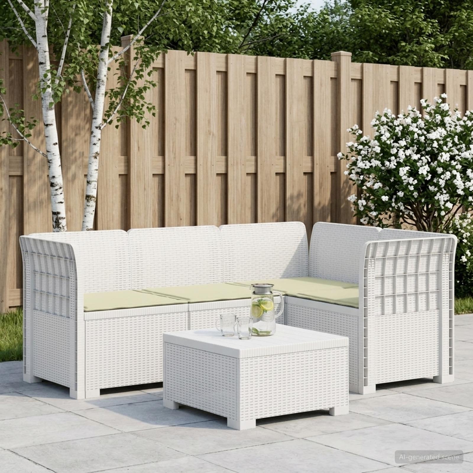 4-Sitzer Gartensofa mit Kissen Rattan-Look PP Weiß