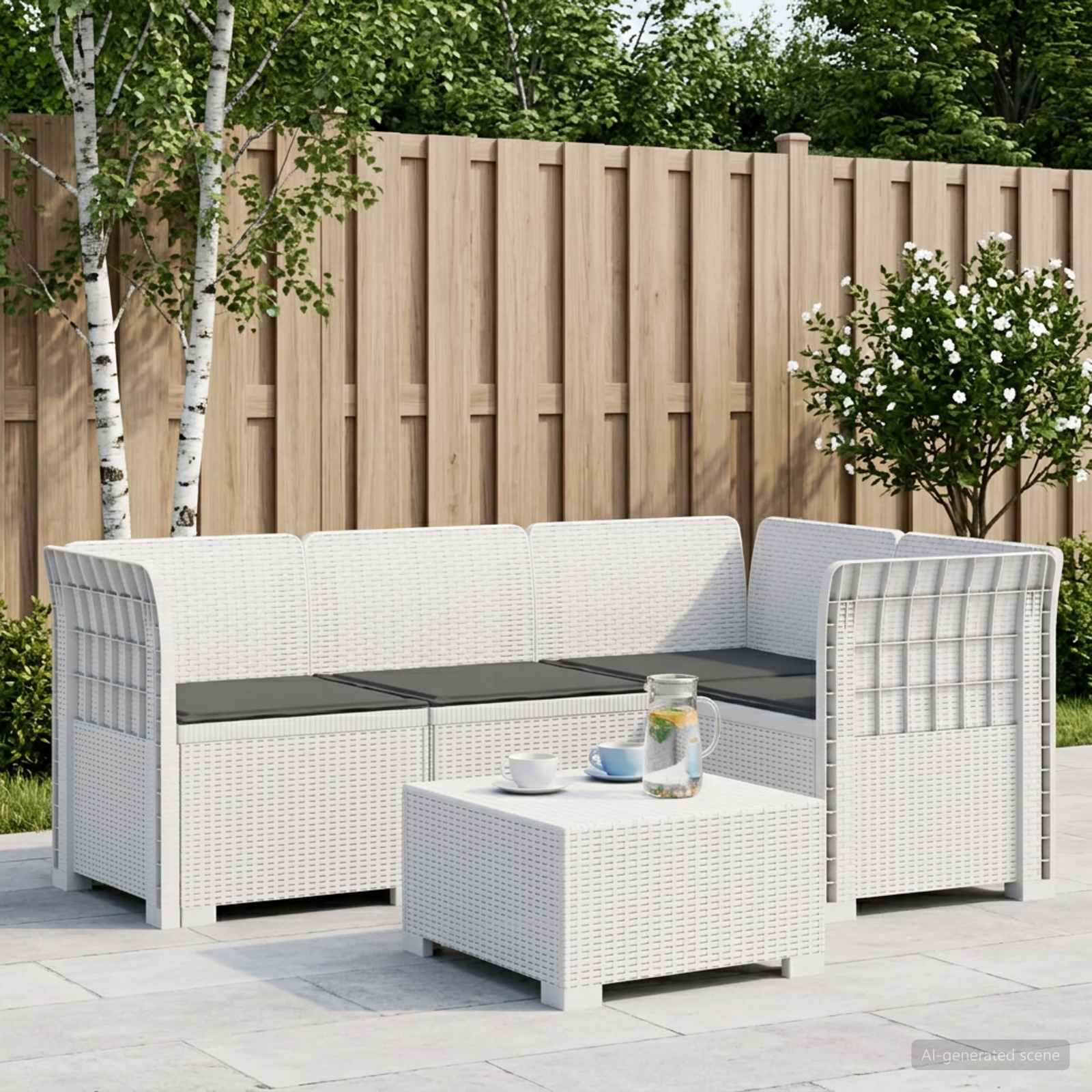 4-Sitzer Gartensofa mit Kissen Rattan-Look PP Weiß