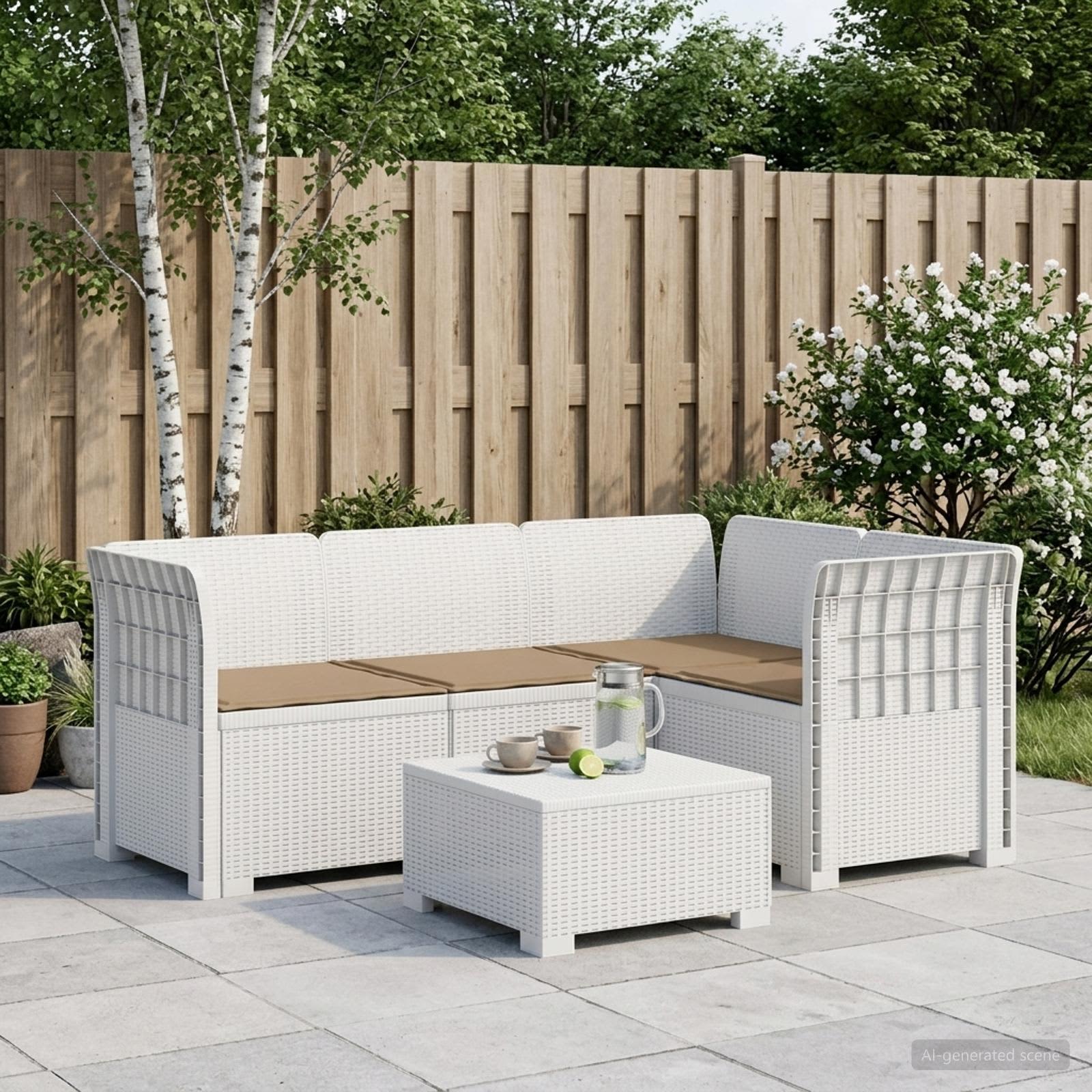 4-Sitzer Gartensofa mit Kissen Rattan-Look PP Weiß