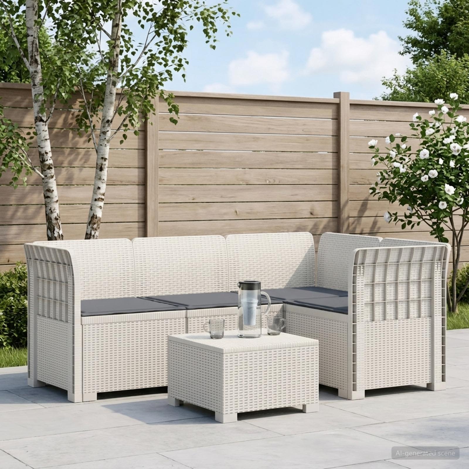 4-Sitzer Gartensofa mit Kissen Rattan-Look PP Weiß