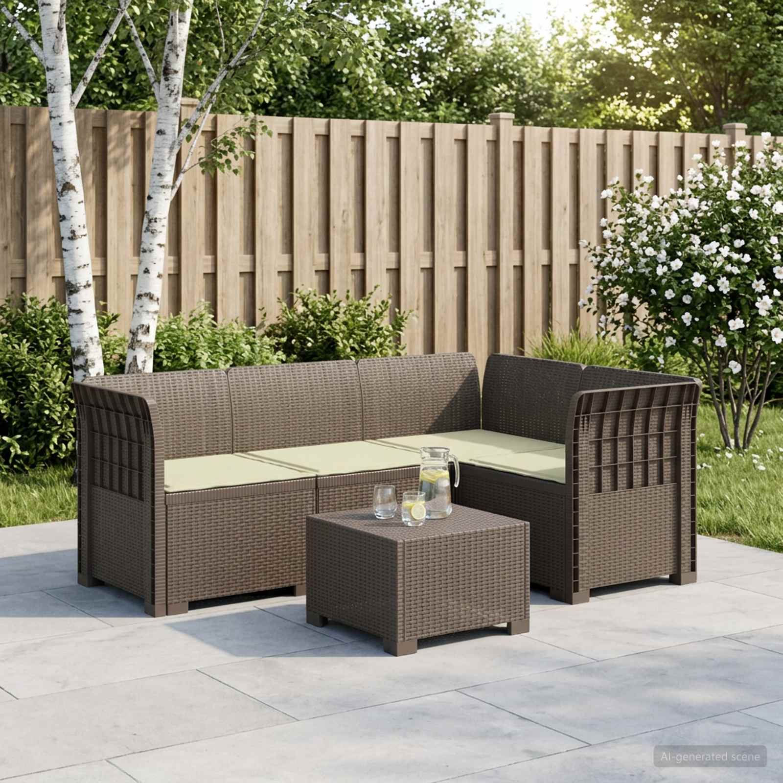 4-Sitzer Gartensofa mit Kissen Rattan-Look PP Hellgrau