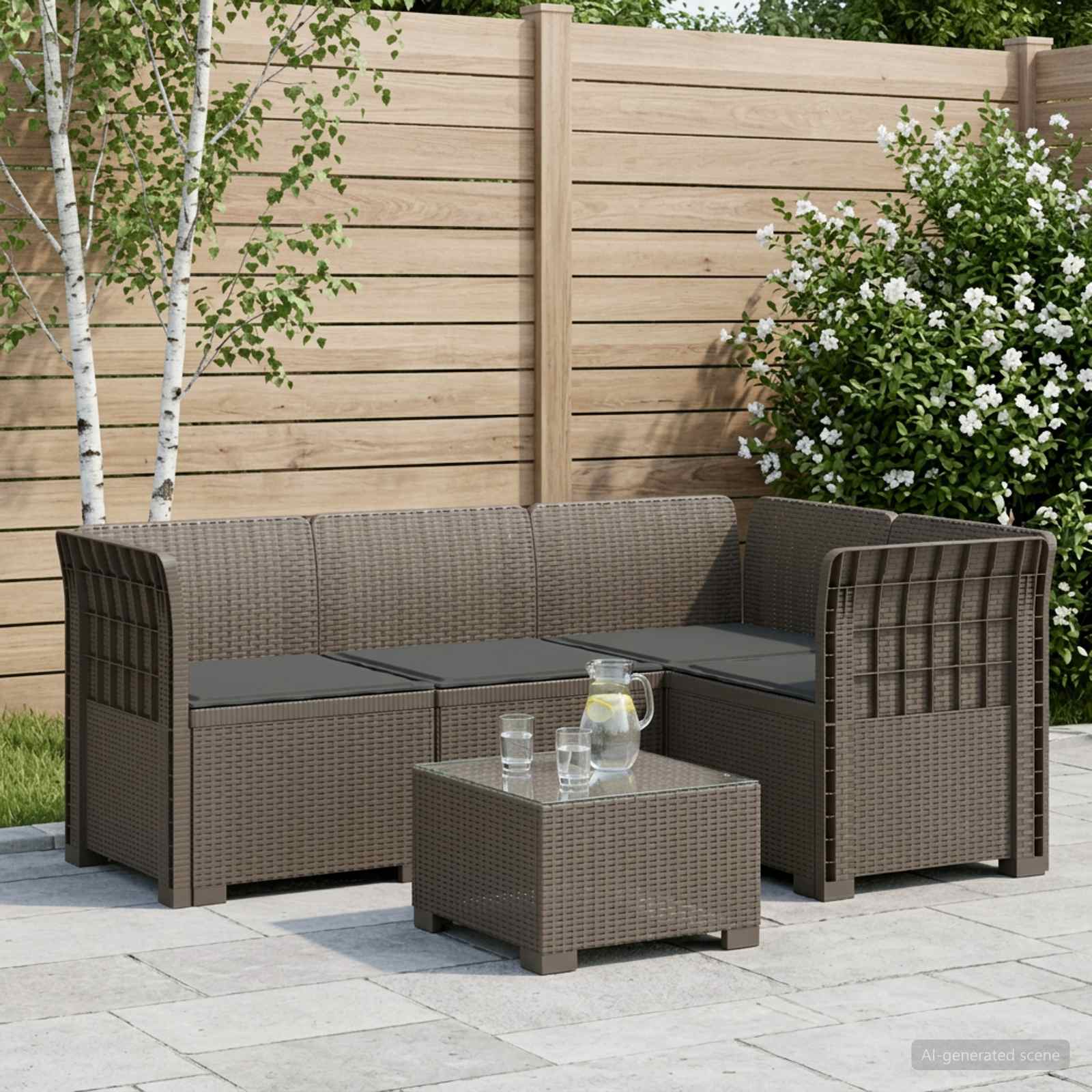 4-Sitzer Gartensofa mit Kissen Rattan-Look PP Hellgrau