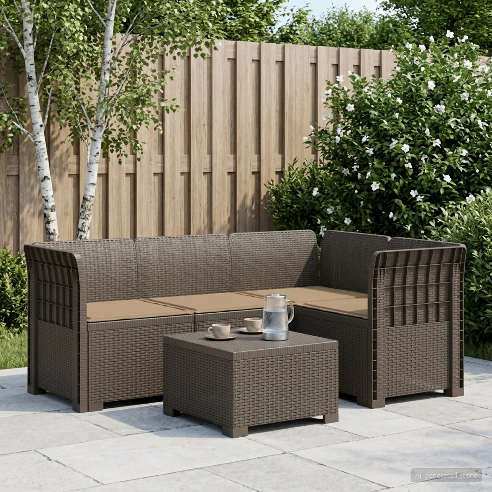 4-Sitzer Gartensofa mit Kissen Rattan-Look PP Hellgrau
