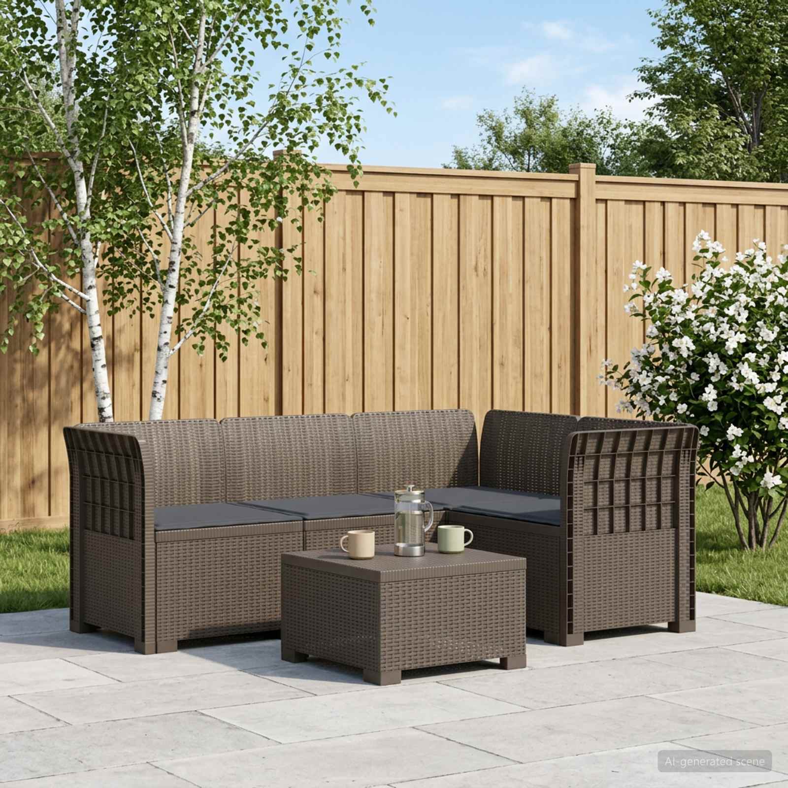 4-Sitzer Gartensofa mit Kissen Rattan-Look PP Hellgrau