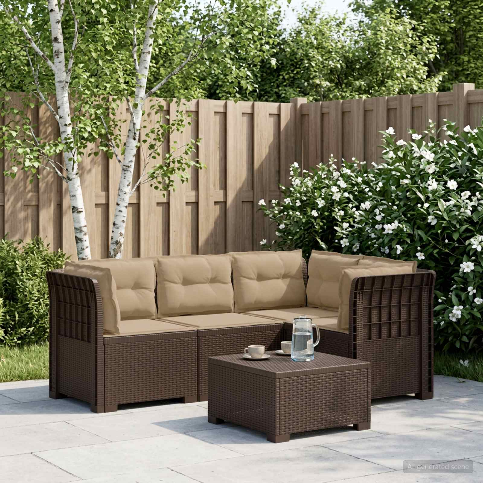 4-Sitzer Gartensofa mit Kissen Rattan-Look PP Braun