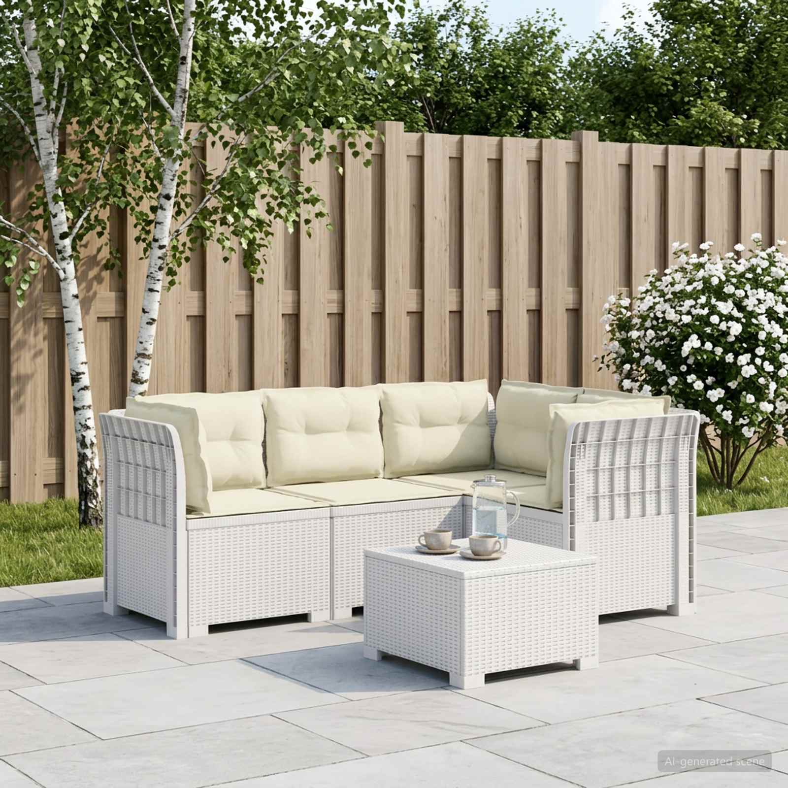 4-Sitzer Gartensofa mit Kissen Rattan-Look PP Weiß
