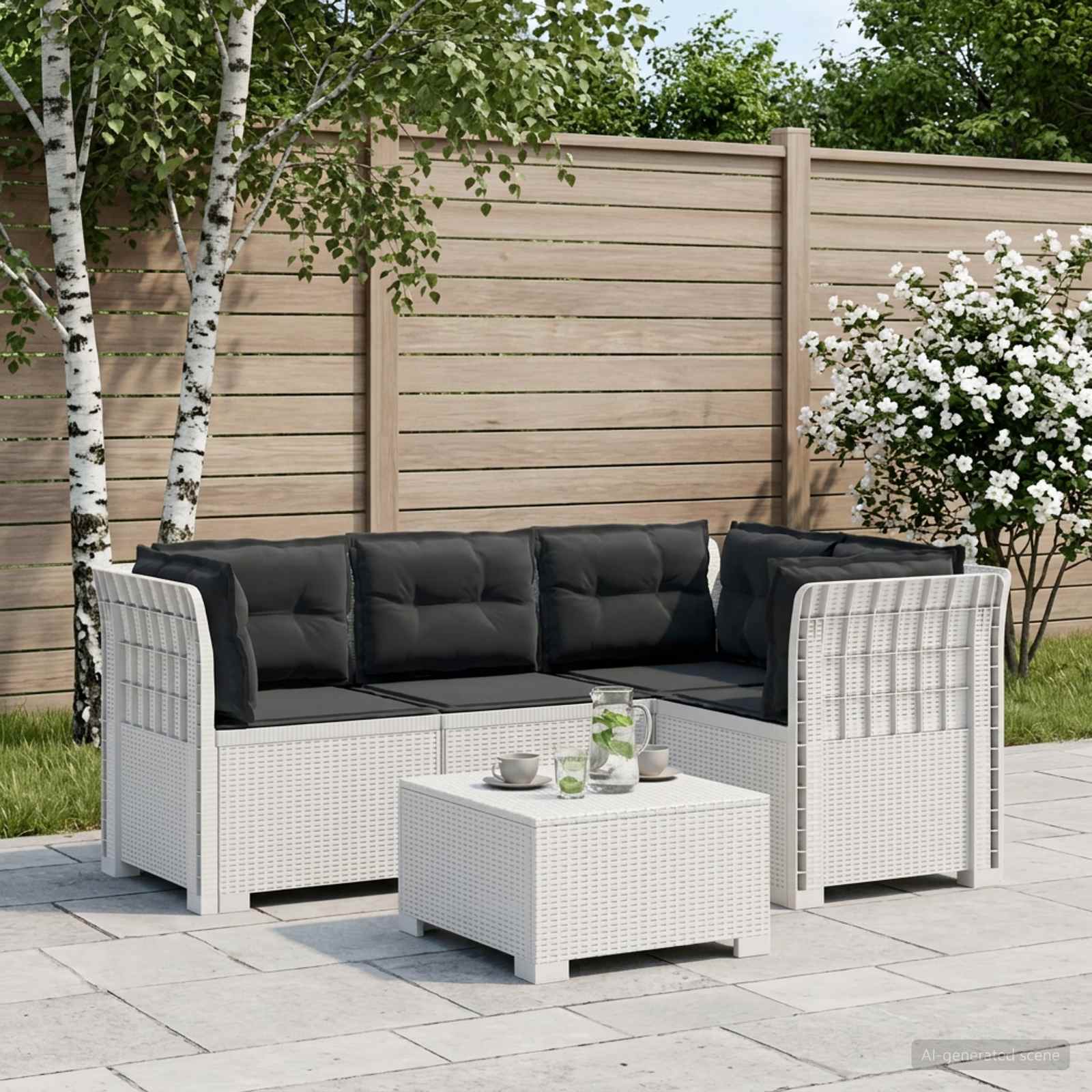 4-Sitzer Gartensofa mit Kissen Rattan-Look PP Weiß