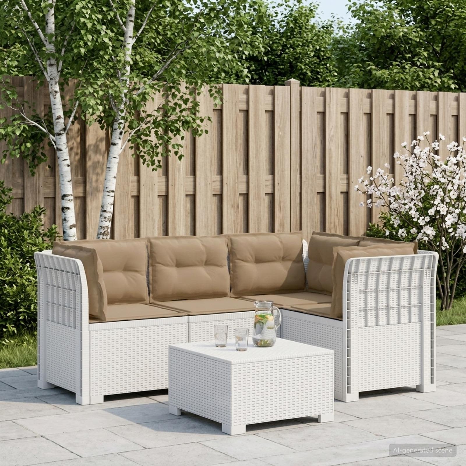 4-Sitzer Gartensofa mit Kissen Rattan-Look PP Weiß