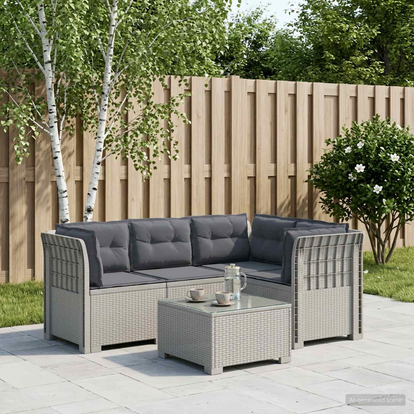 4-Sitzer Gartensofa mit Kissen Rattan-Look PP Weiß