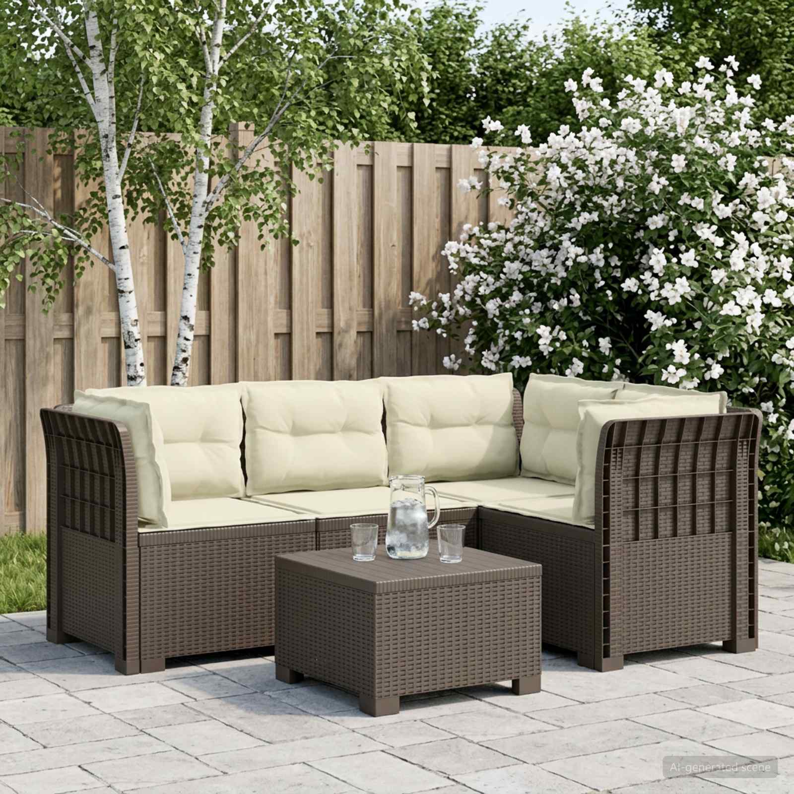 4-Sitzer Gartensofa mit Kissen Rattan-Look PP Hellgrau