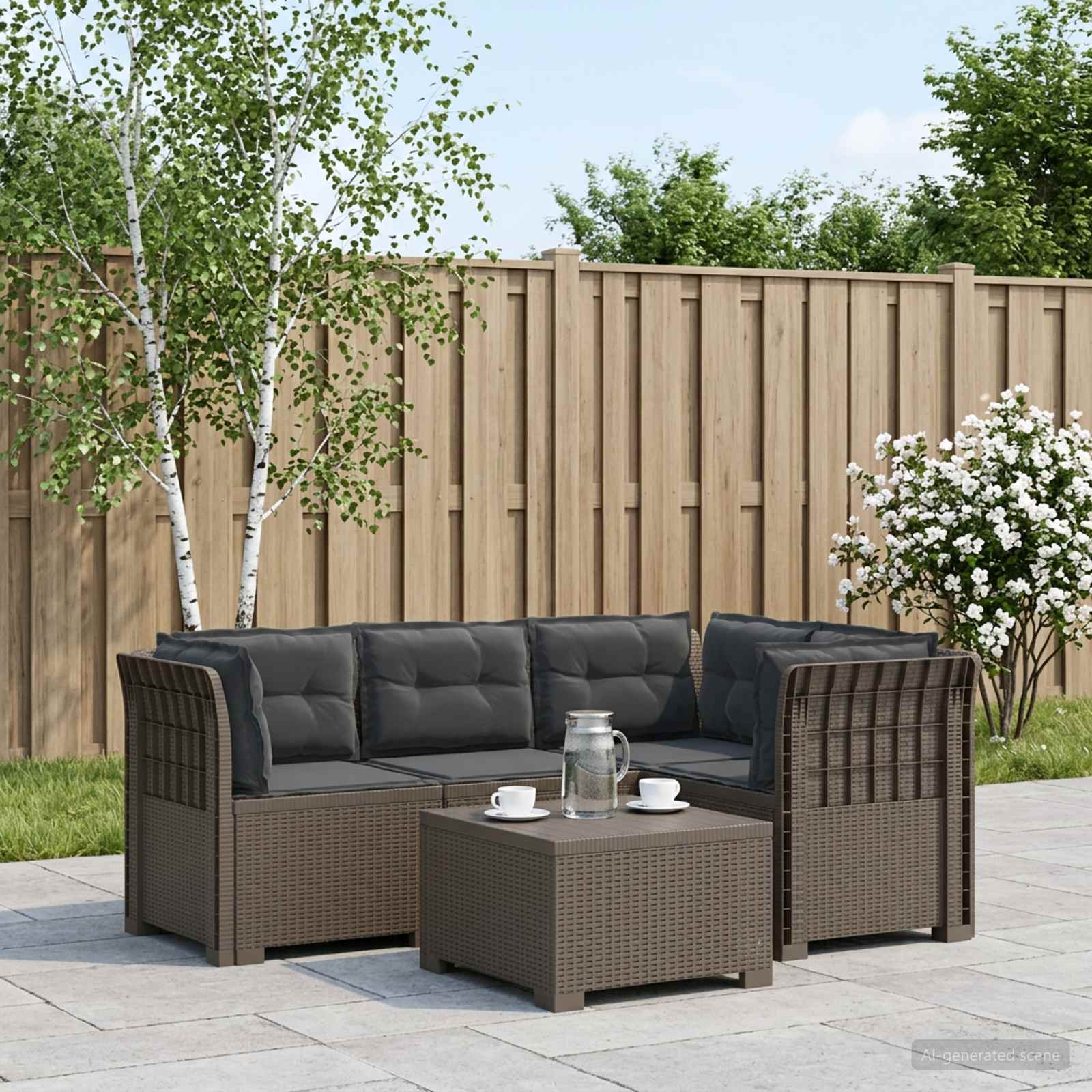 4-Sitzer Gartensofa mit Kissen Rattan-Look PP Hellgrau