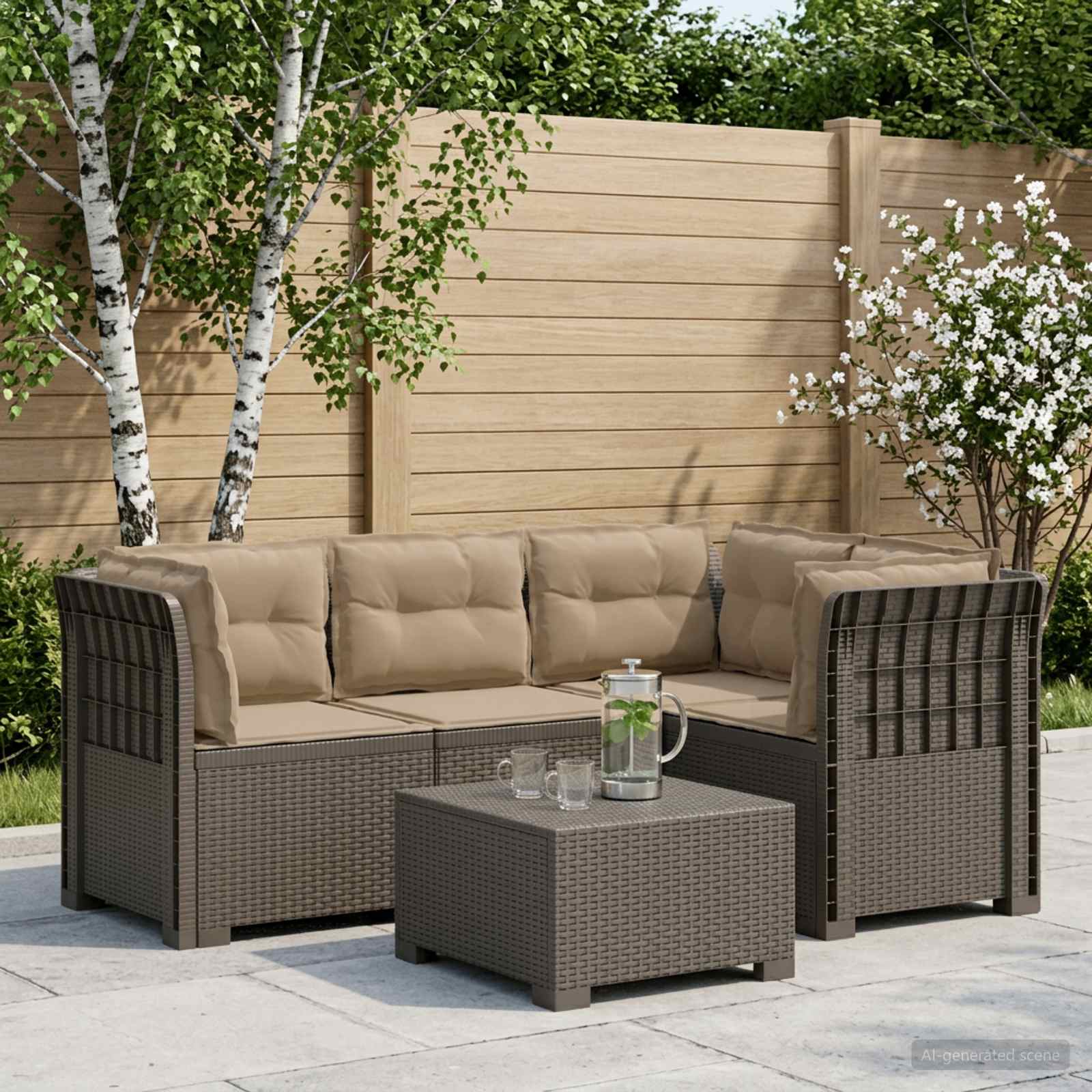 4-Sitzer Gartensofa mit Kissen Rattan-Look PP Hellgrau