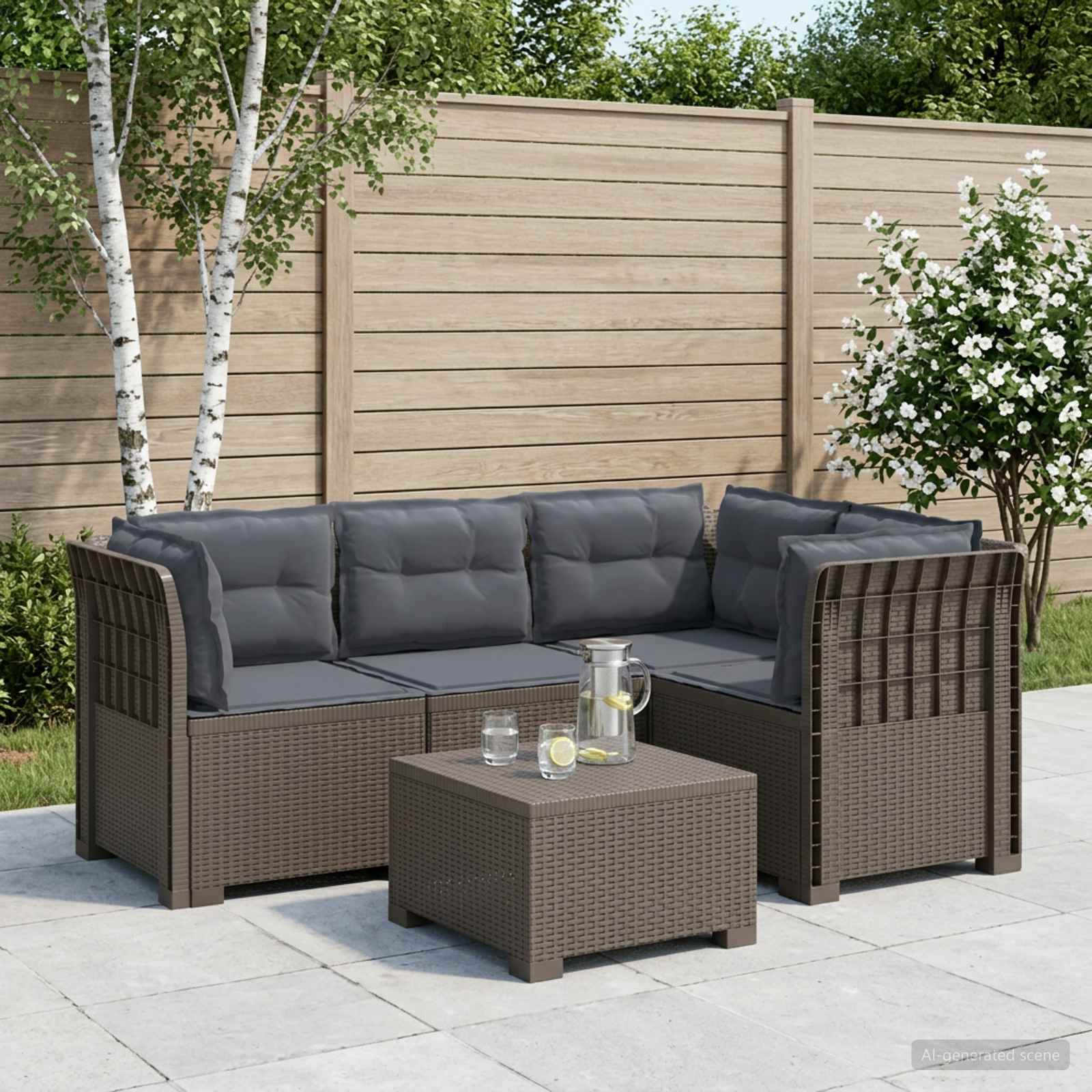 4-Sitzer Gartensofa mit Kissen Rattan-Look PP Hellgrau