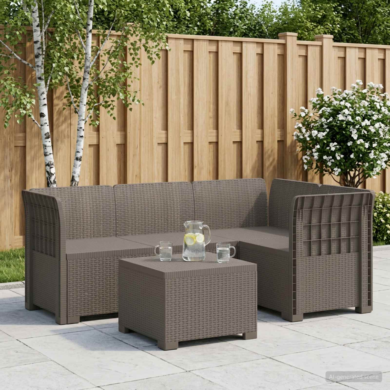 4-Sitzer Garten Sofa Rattan Look PP Hellgrau