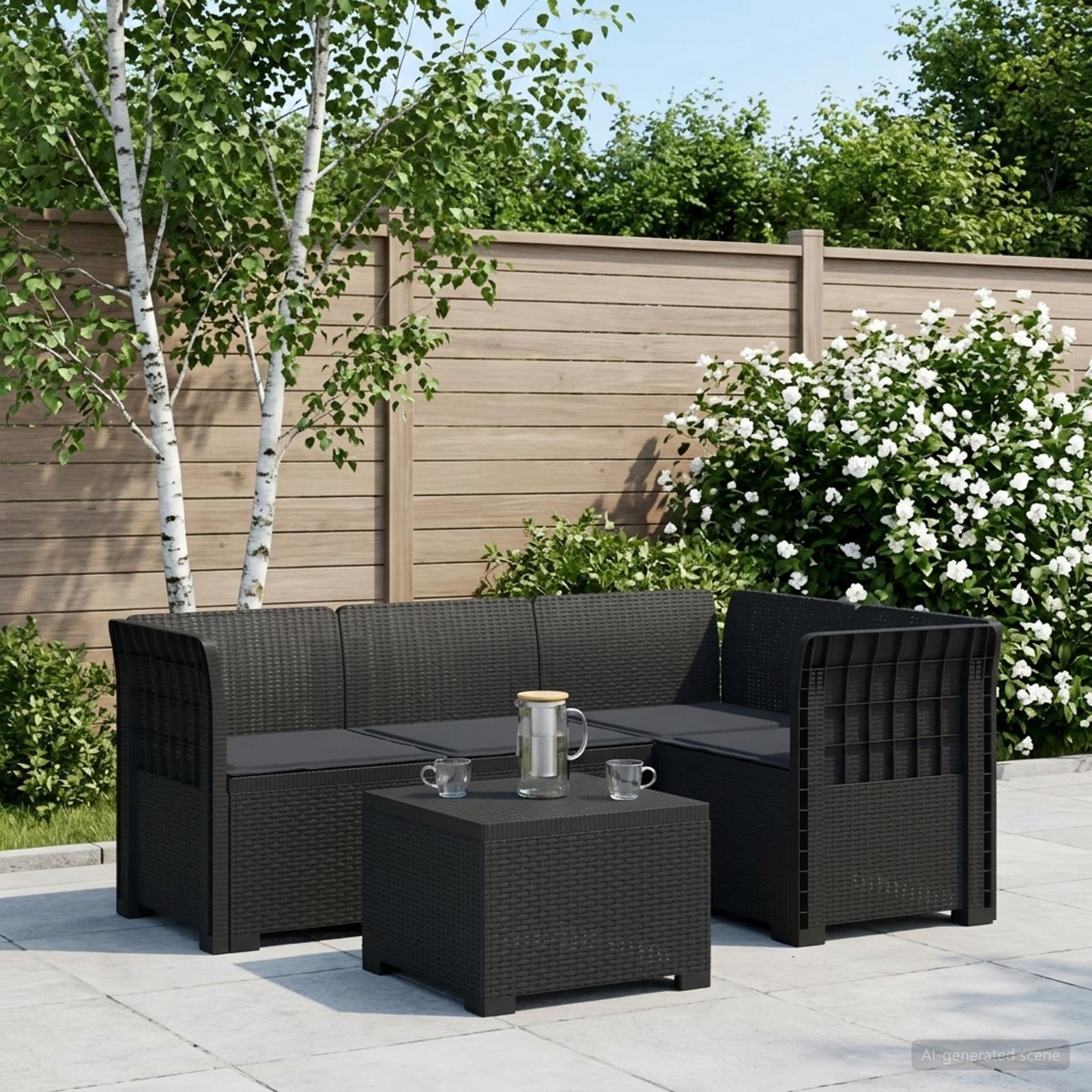 4-Sitzer Garten Sofa mit Kissen Rattan Look PP Anthrazit