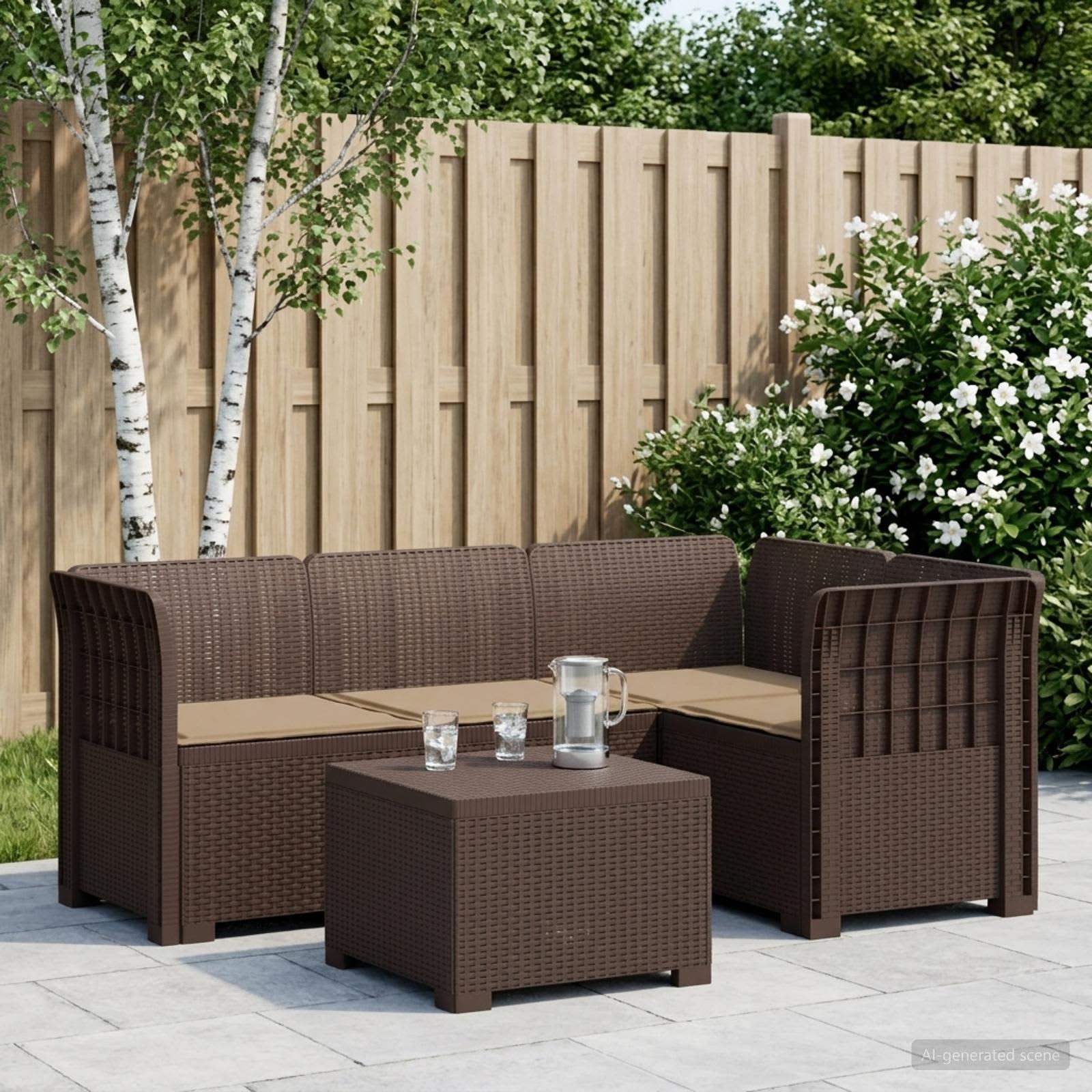 4-Sitzer Garten Sofa mit Kissen Rattan Look PP Braun