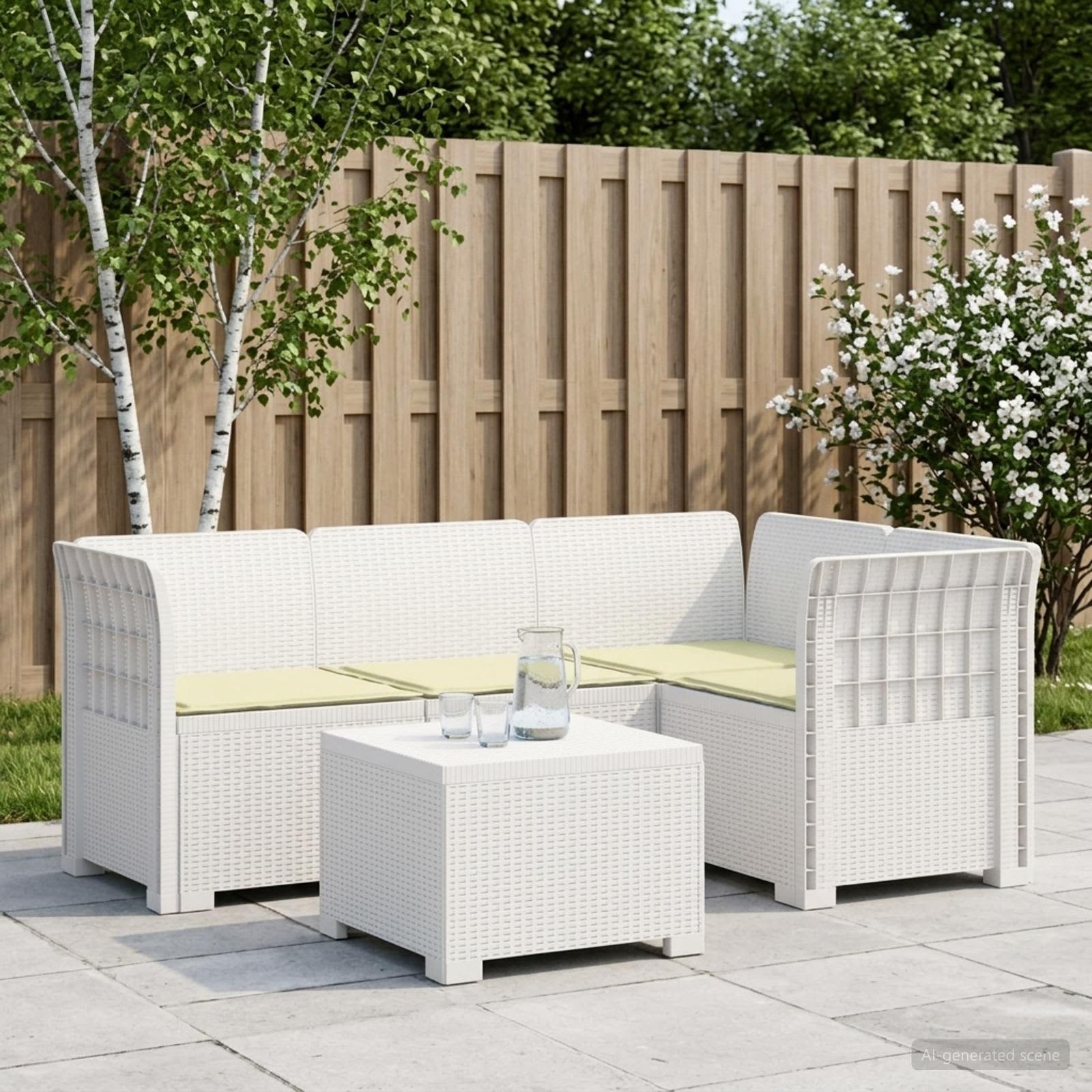 4-Sitzer Garten Sofa mit Kissen Rattan Look PP Weiß