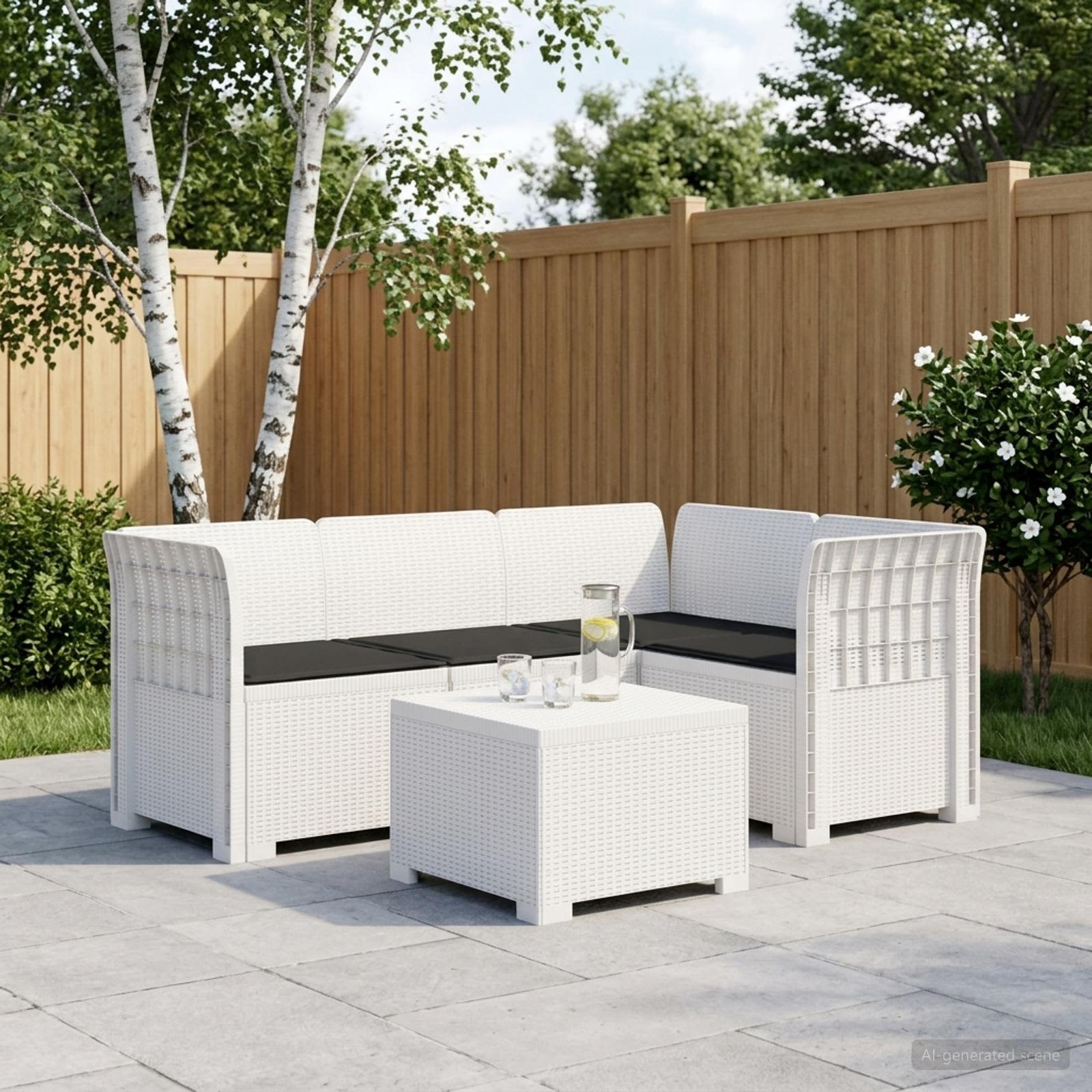 4-Sitzer Garten Sofa mit Kissen Rattan Look PP Weiß