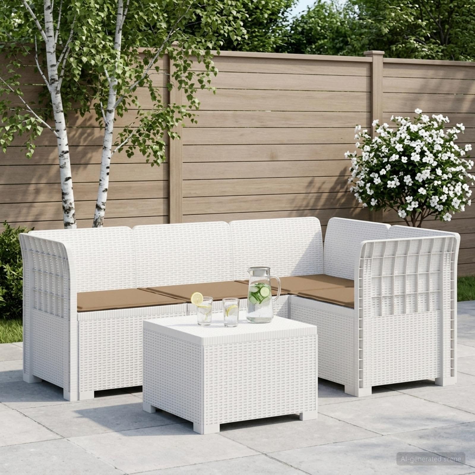 4-Sitzer Garten Sofa mit Kissen Rattan Look PP Weiß