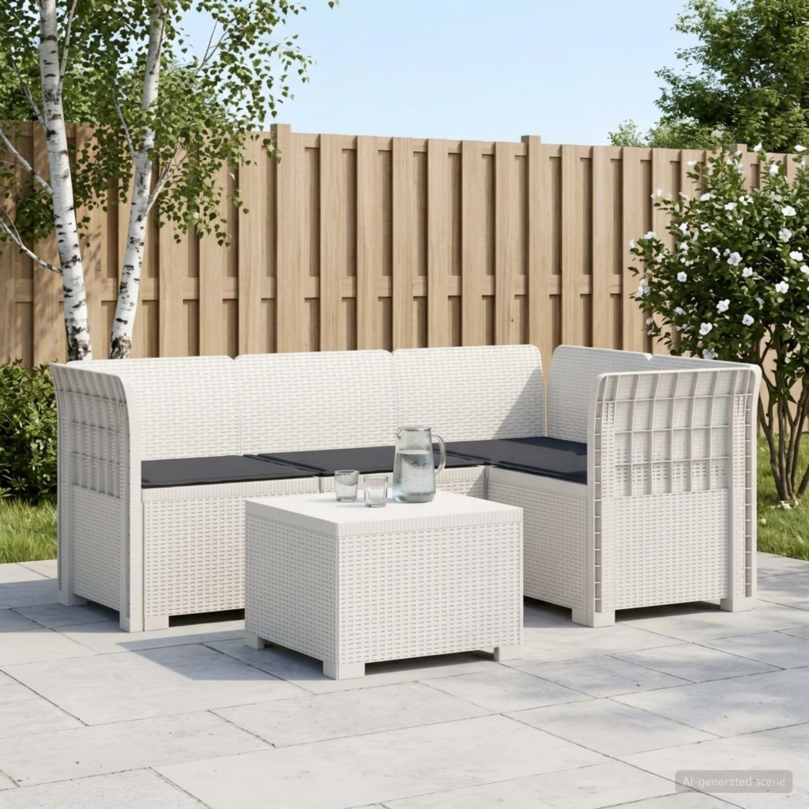 4-Sitzer Garten Sofa mit Kissen Rattan Look PP Weiß