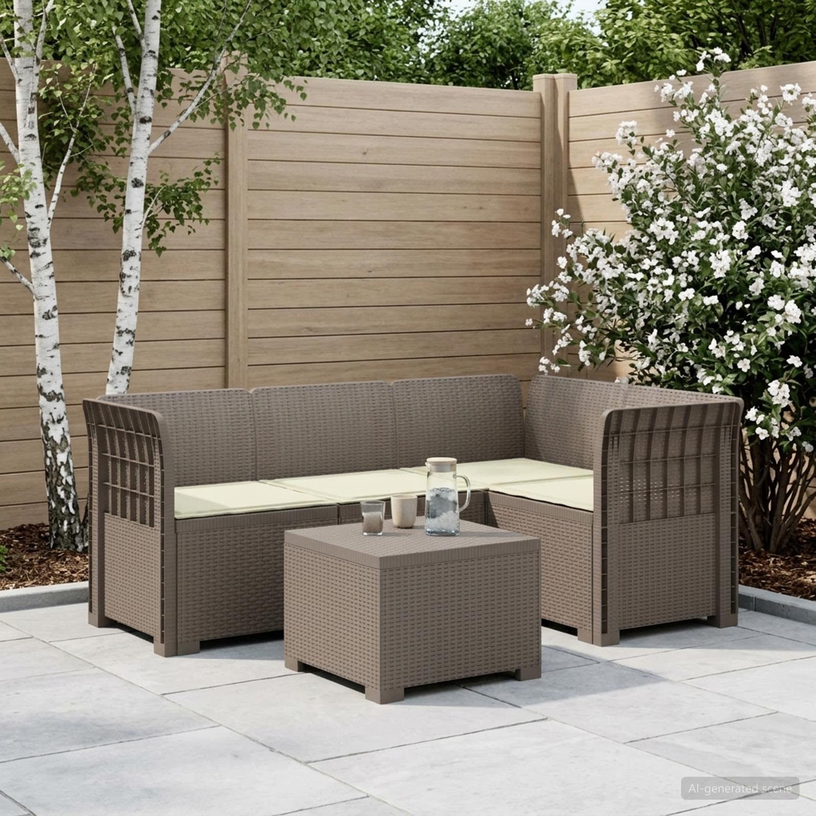 4-Sitzer Garten Sofa mit Kissen Rattan Look PP Hellgrau
